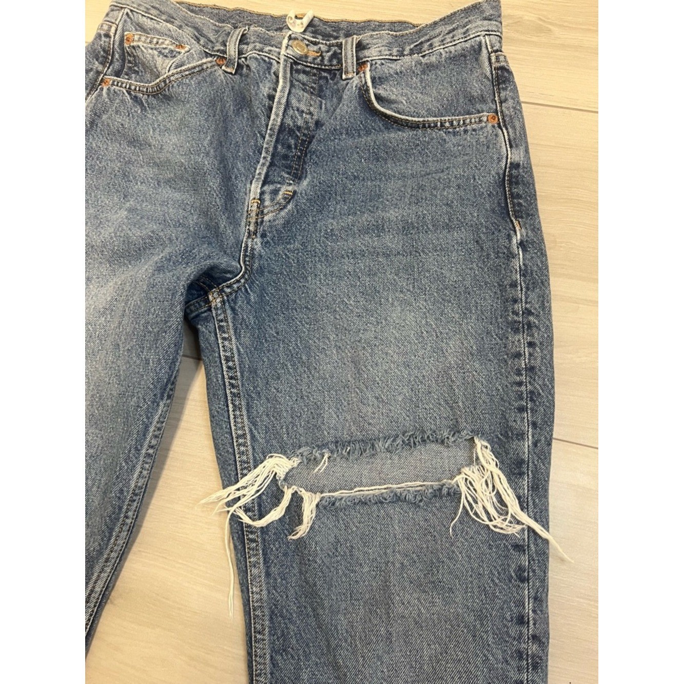 Topshop Wide Leg Jeans Blue Denim 31×32 Distressed Knee High Rise 90s
