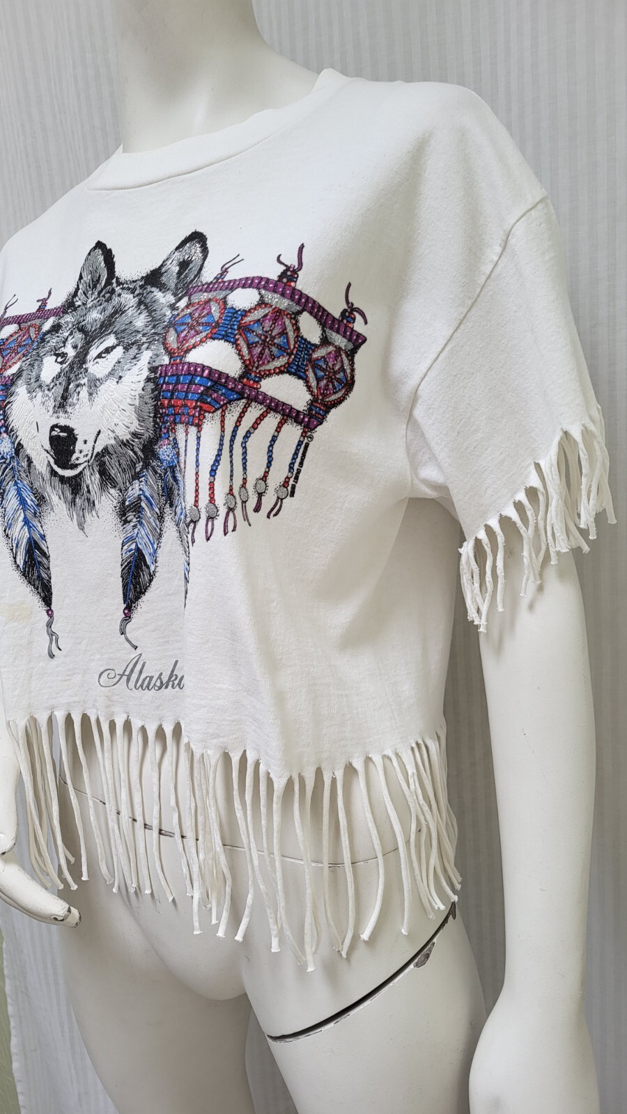 Vtg 80’s Native American Wolf Glitter Feather Alaska Fringe T Shirt – Sz M/L *B6