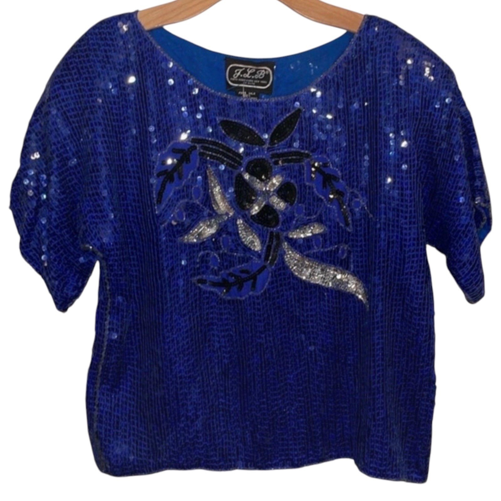 NEW Sequin Blouse Women’s Medium Blue Silk Top Deadstock Vintage Glam Sparkle
