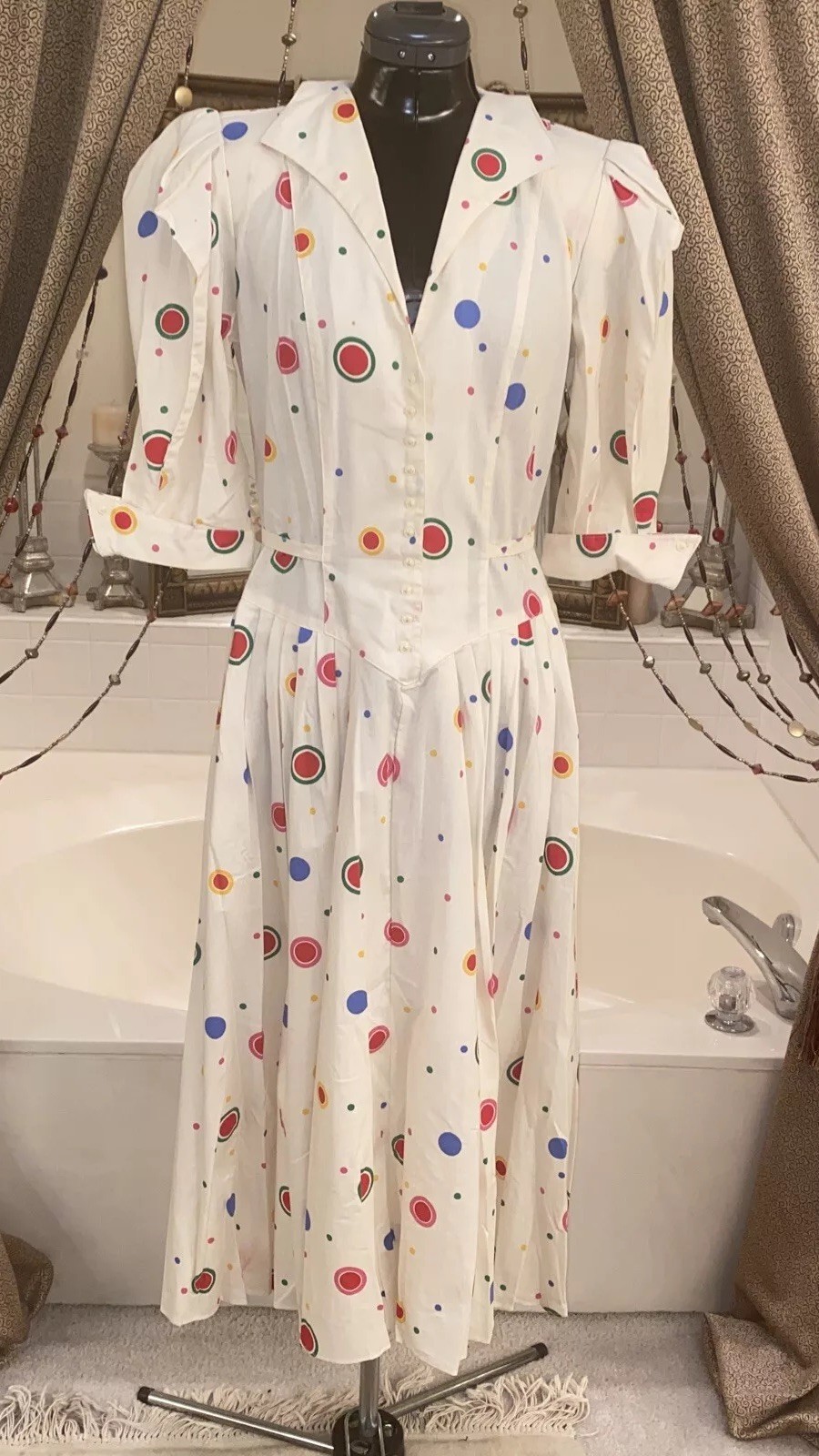 VTG 80’s Clues Collections Polka Dot Puff Sleeve Midi SWING Dress I Love Lucy