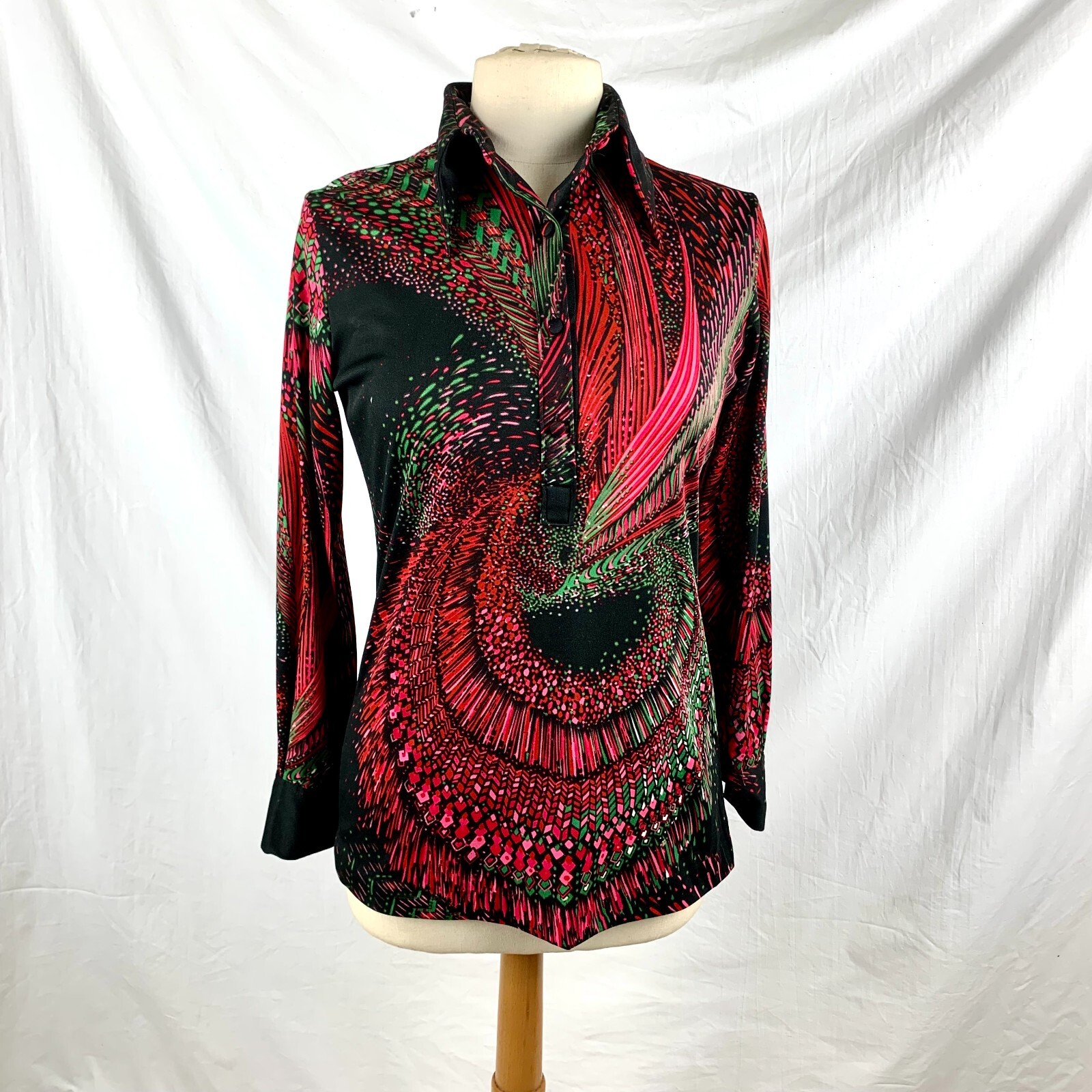 1970s Lanvin Psychedelics Top sz 10 Polyester Long Sleeve Point Collar Excellent