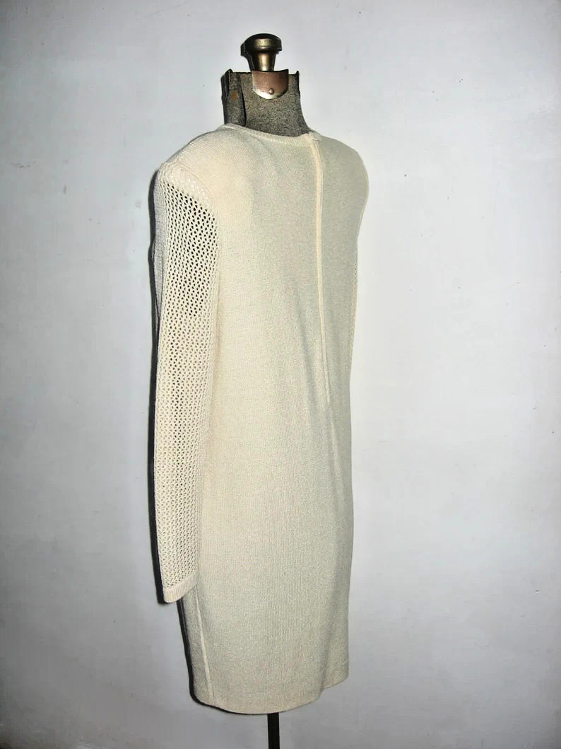 VTG Scaasi Cream Big Gold Buttons Jersey Crochet Mesh Stitch Knit Short Dress