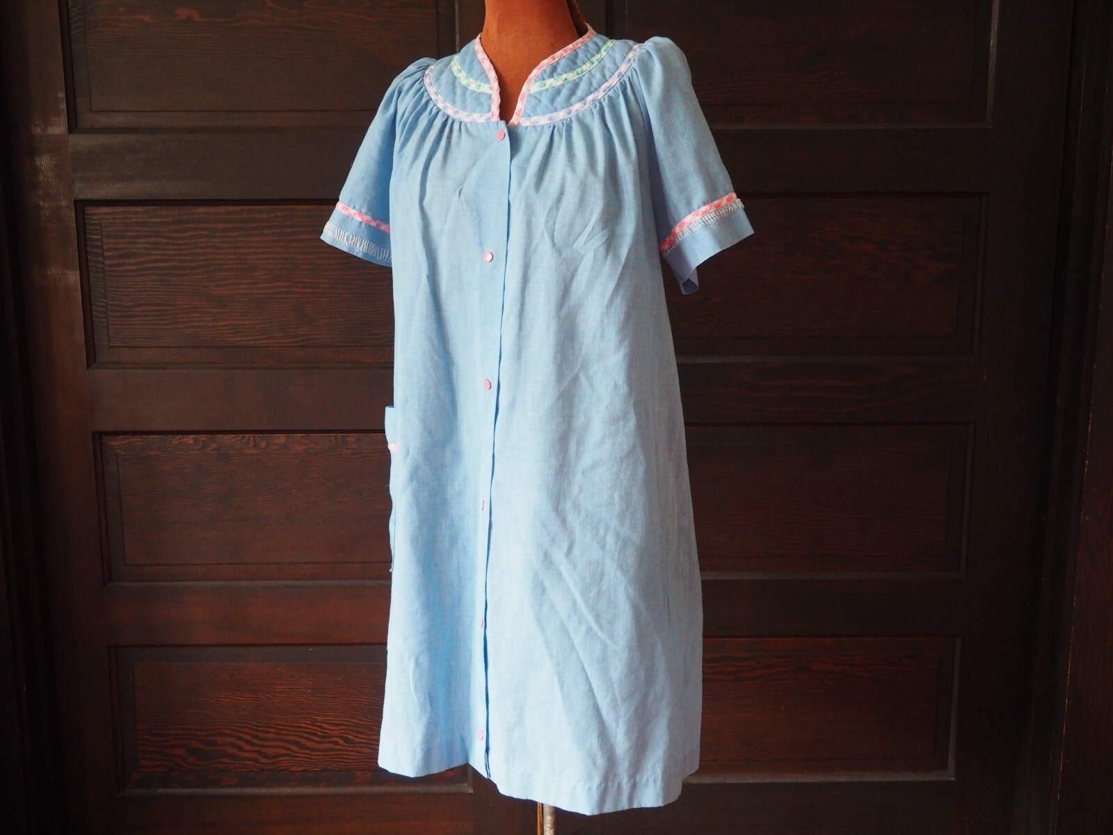 VtG 70s 80s Blue Chambray Lounge Duster Snap Front Pocket Cottage House Dress M