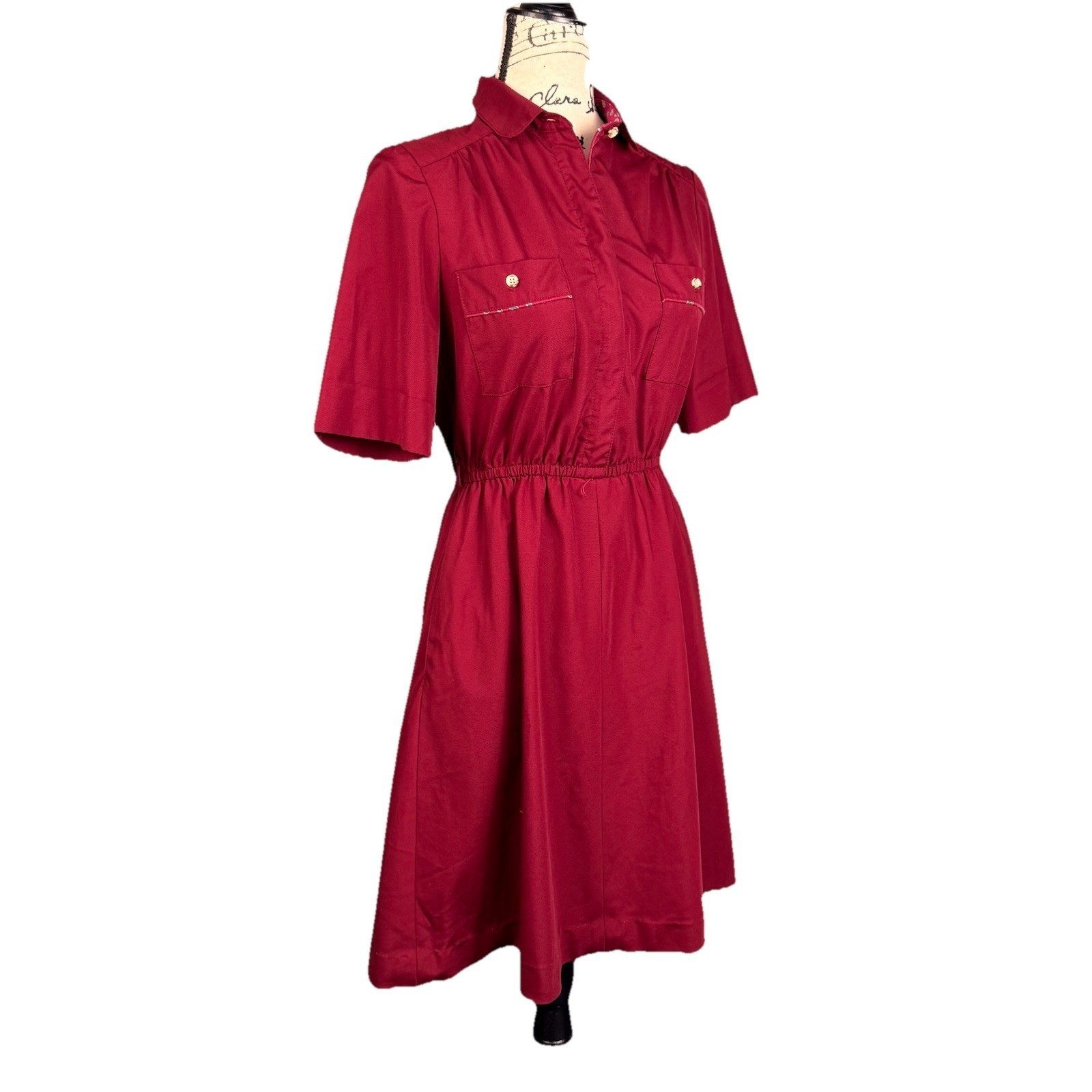 Sasson Short Sleeve Shirt Dress Vtg 70’s Maroon Paisley Trim Cotton Retro Preppy