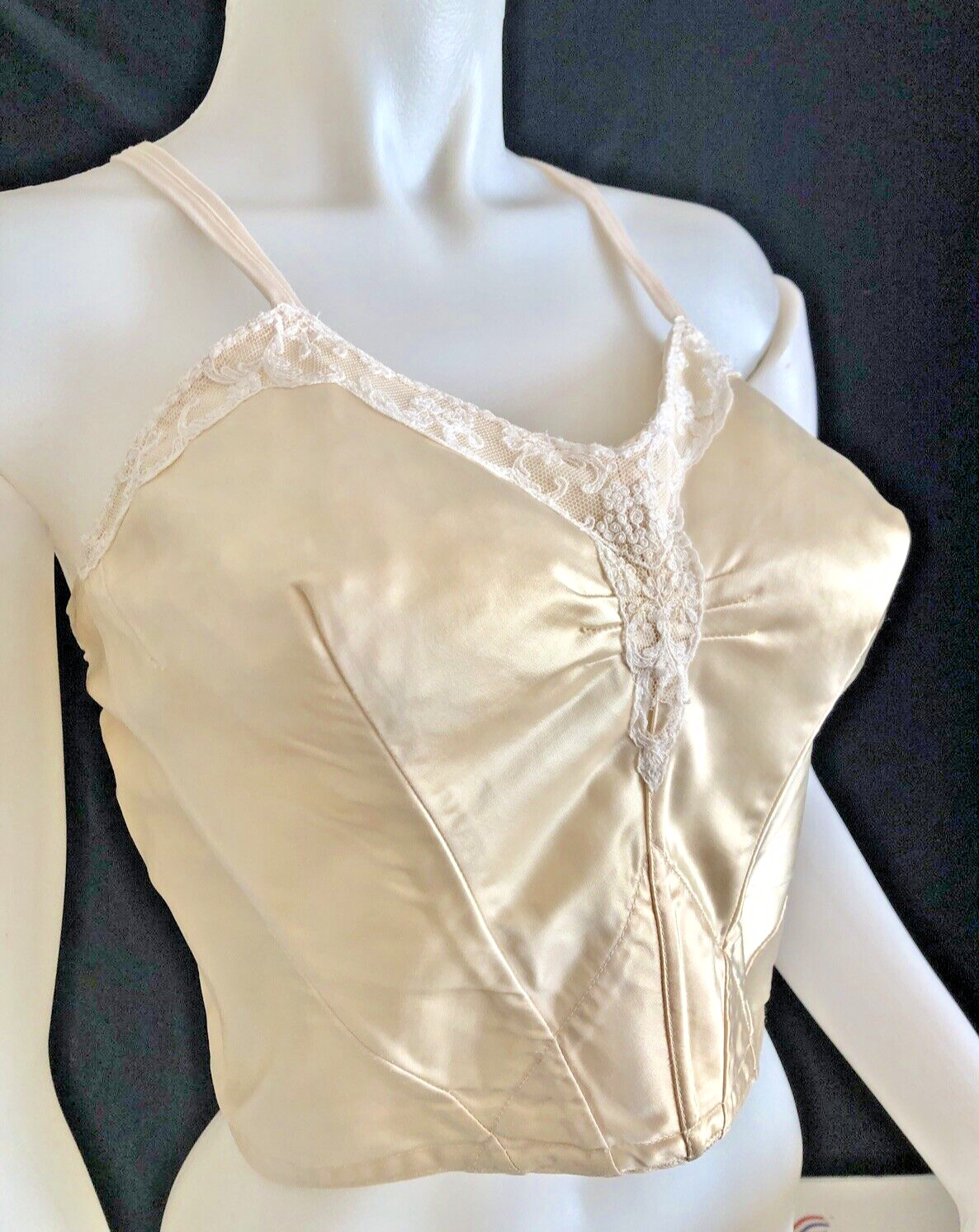 VTG 40s Edith Lances PIN UP Ivory Satin Long Line Camisole Bra ILGWU 38B