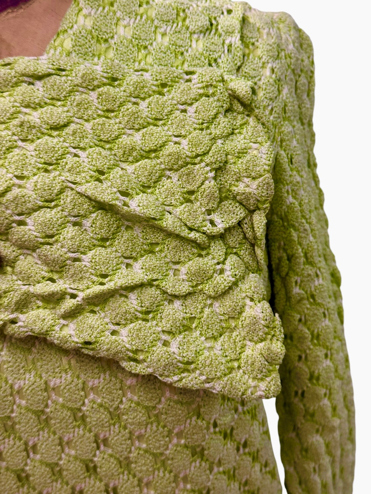 Vintage 1960s Mod Style Green Crochet Lace Mini Dress W/ Dagger Collar Med