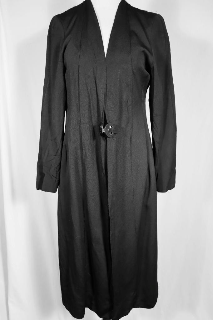 Rare Vintage French 1930’s Long Black Rayon Crepe Evening Coat Size Medium