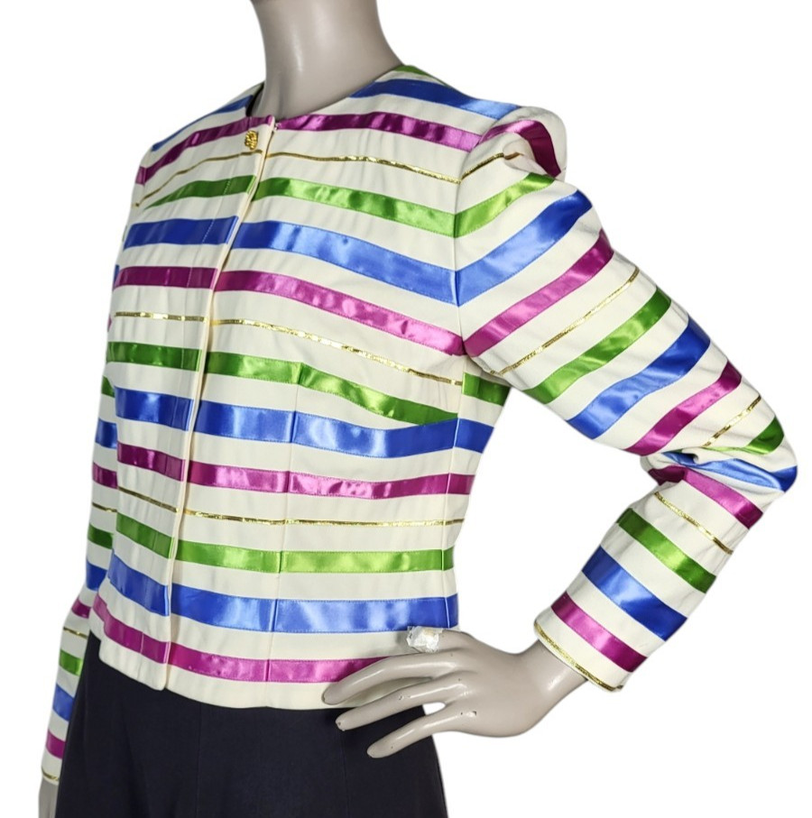 Vintage Satin Jewel Tone Metallic Ribbon Striped Blouse Jacket Maggy London