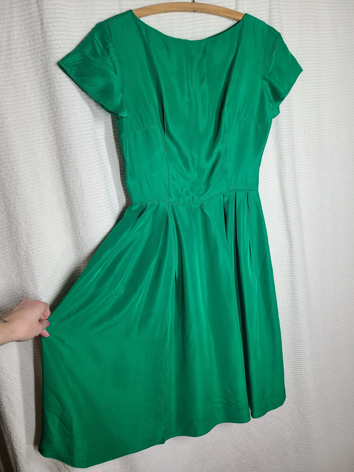 Vtg 60s Emerald Green Portrait Collar Dress Metal Zip Full Pleat Skirt Rayon 27w