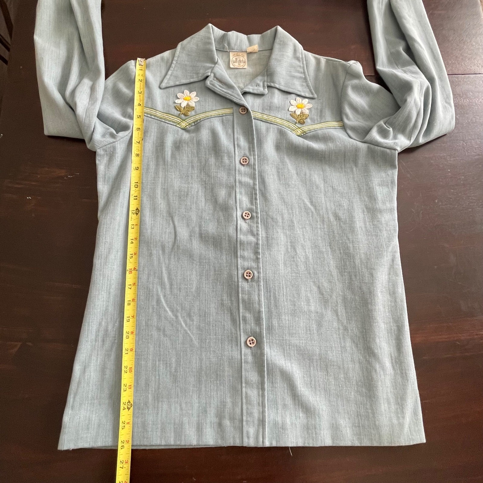 Vintage 70s Tall Girls Blue Western Shirt Embroidered Daisy Floral Long Sleeve