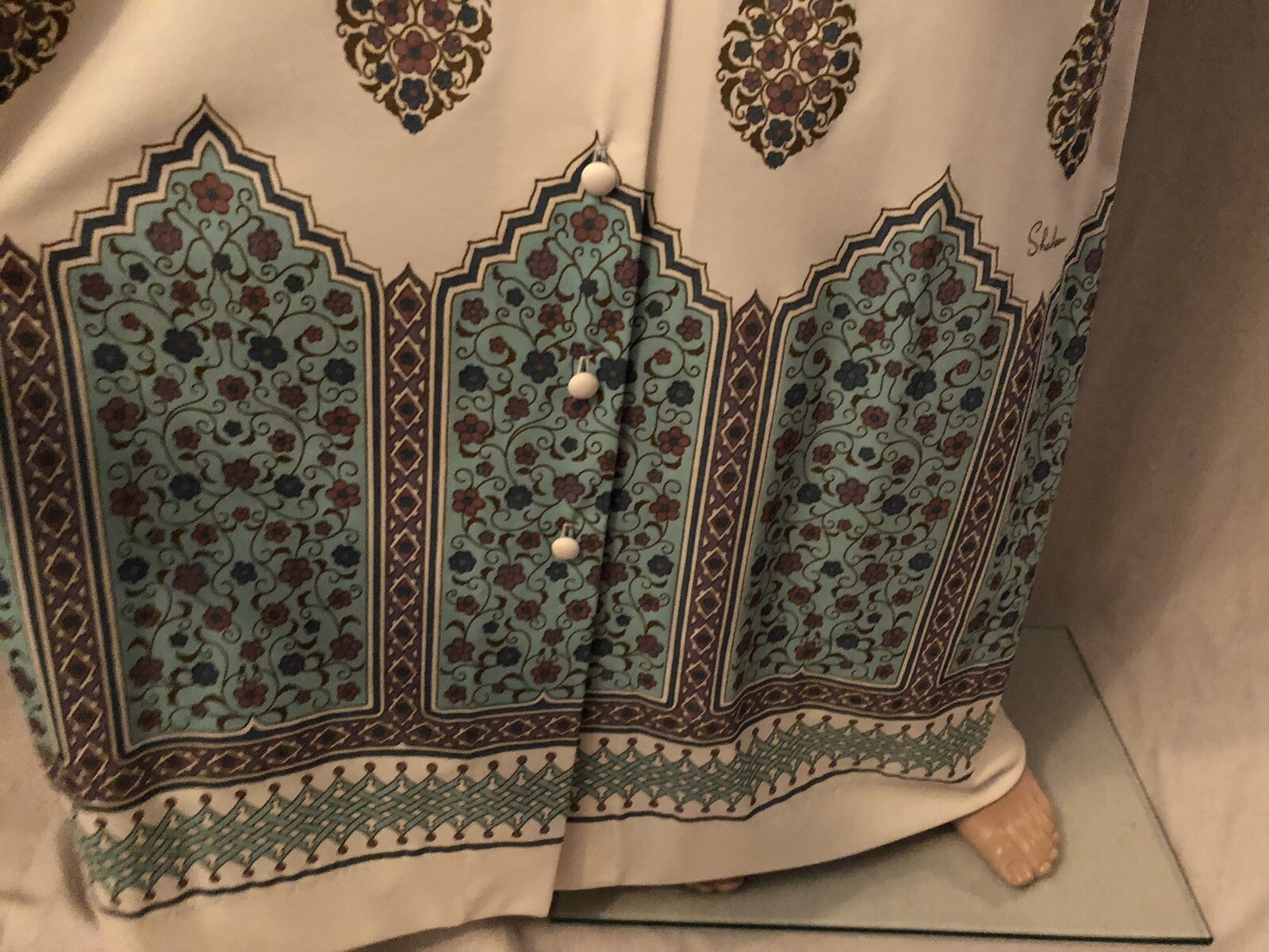 Vintage 1970s Alfred Shaheen Maxi Dress Pussy Bow Button Down Front Tag Size 14