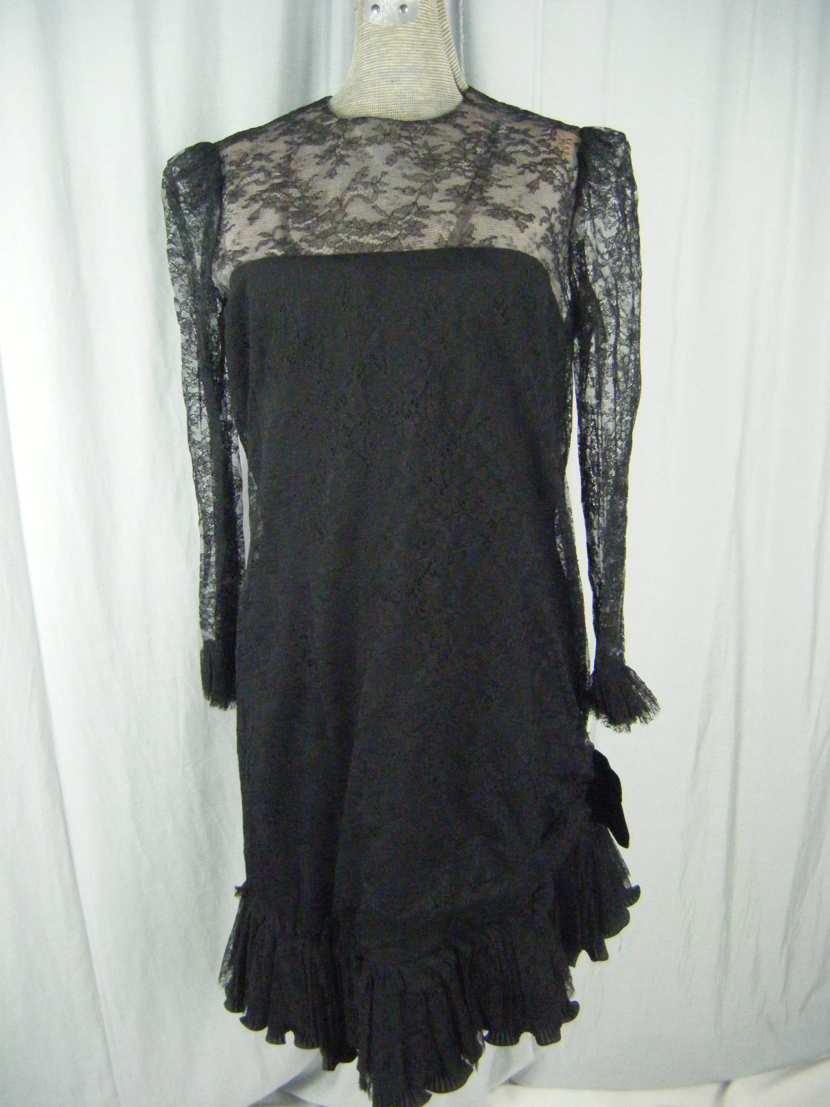 JILL RICHARDS Vtg 70s Black Illusion Ruffle Lace 20s Inspired Dress-Bust 39/M