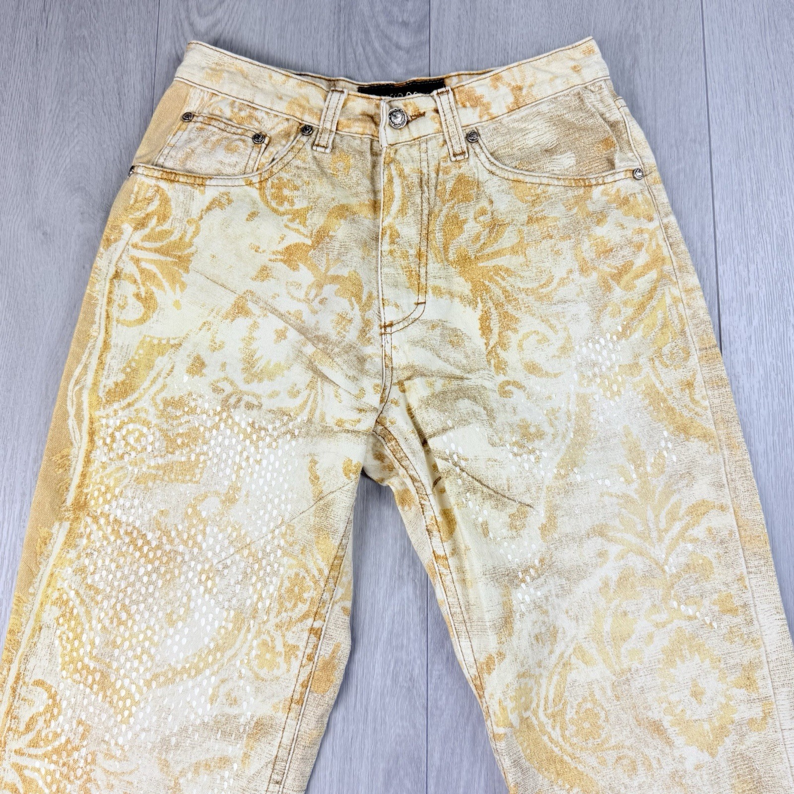 Vintage Roberto Cavalli 90s Funky Sand Blasted Denim Shimmer Jeans Small Italy