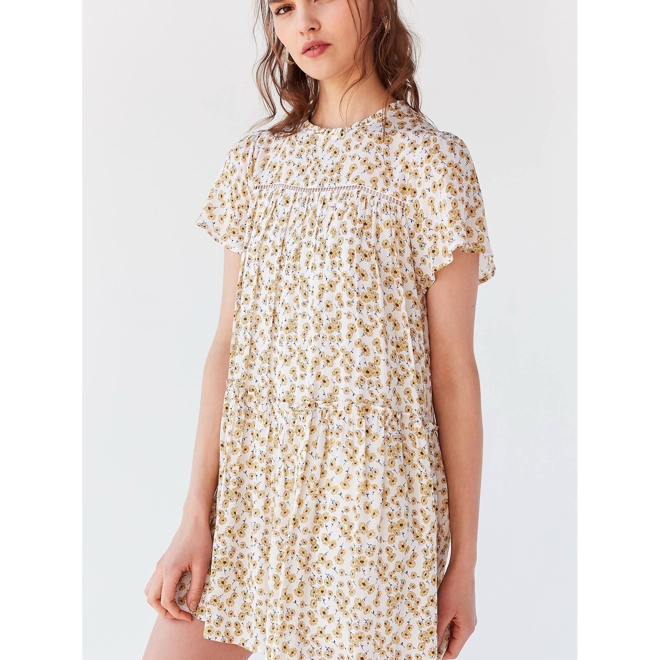 Anthropologie Lost + Wander White and Yellow Floral Mini Dress Size Medium Flowy