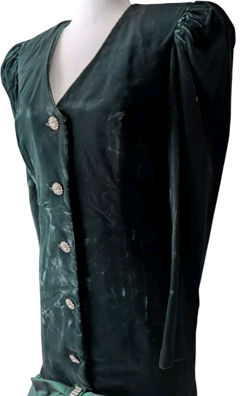 Vtg 80s En Francais Huey Waltzer Emerald Velvet Taffeta Dress Rhinestone Peplum