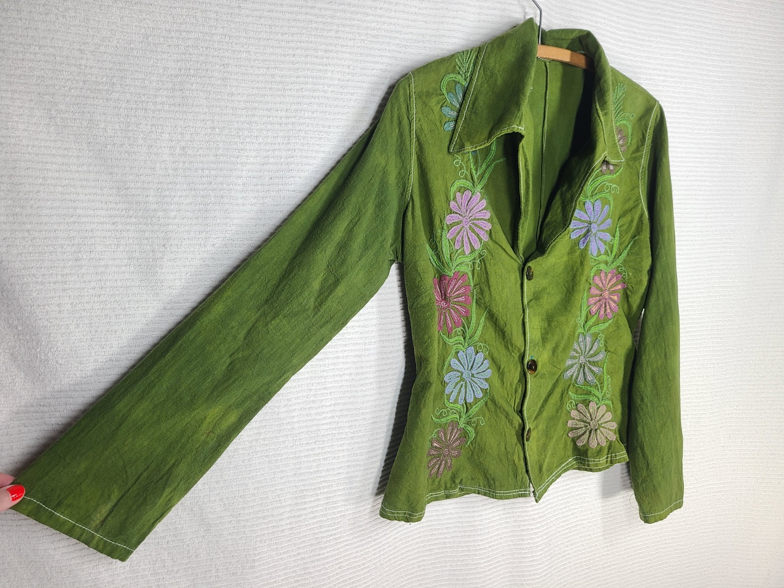 Vintage Embroidered Cotton Shirt M L Hand Dyed Boho Purple Flower Western Boho