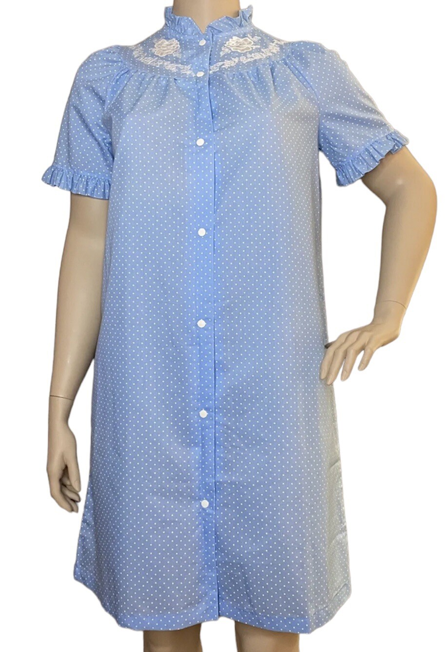 Snap Front Robe Blue Embroidered POLKA DOT Vintage LARGE Loungewear Coffee Time