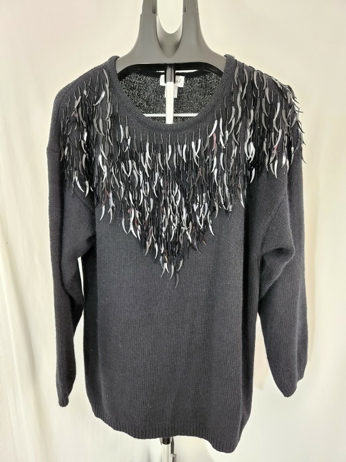 VTG Eminent Black Knit Sweater with Dangling Beads SZ L