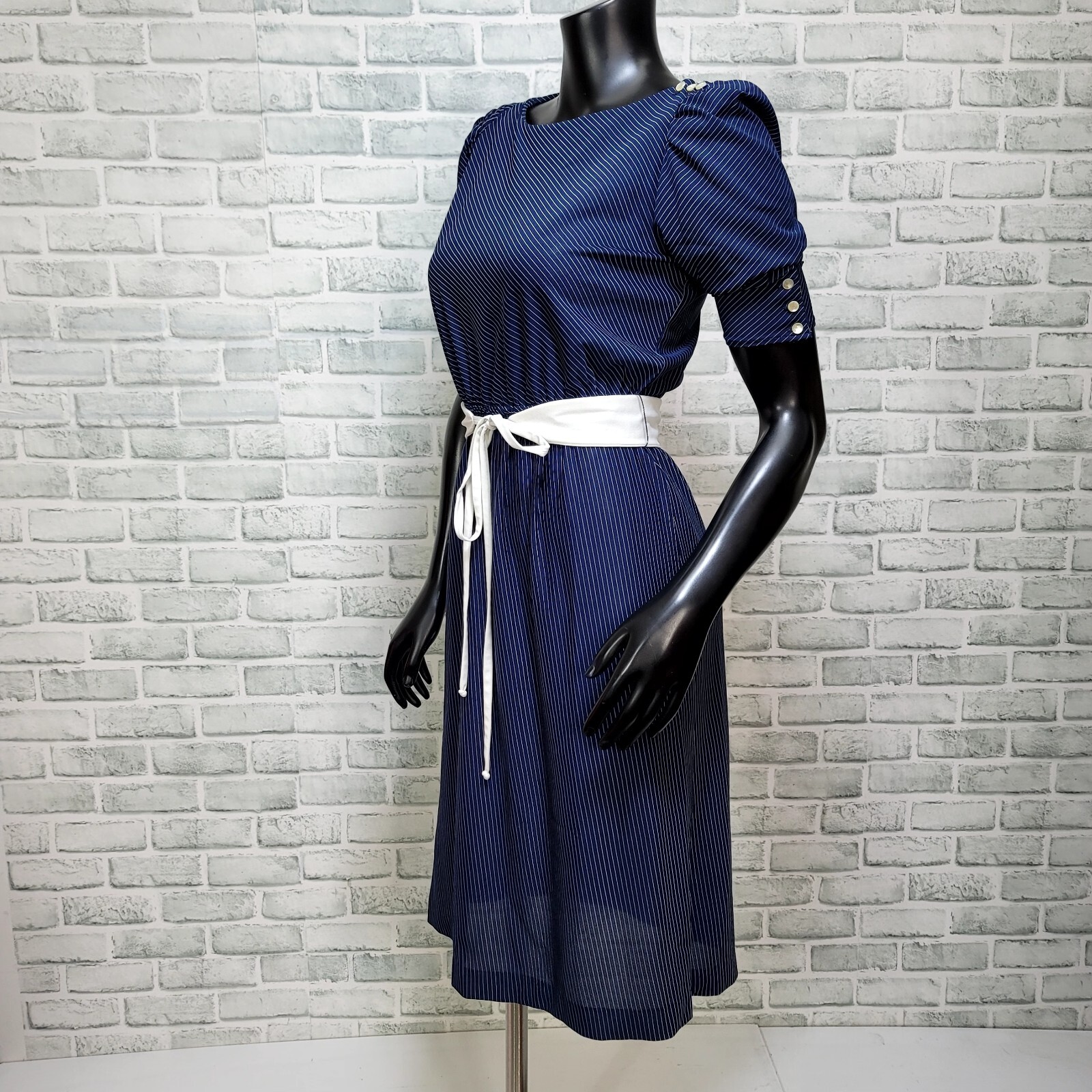 Vintage 70s Sally Lou Womens S Half Sleeve Semi Sheer Navy Striped Day Dress