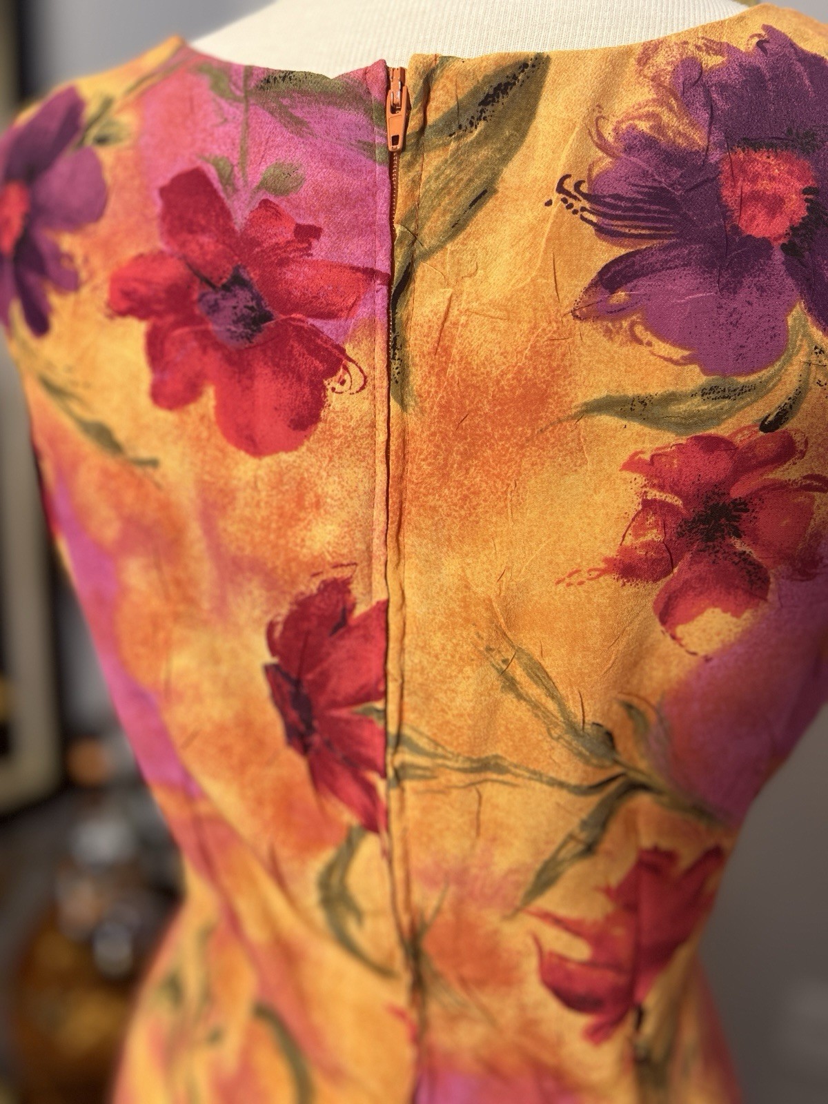 Vintage 1990s Bright Floral Crepe Sleeveless Maxi Dress