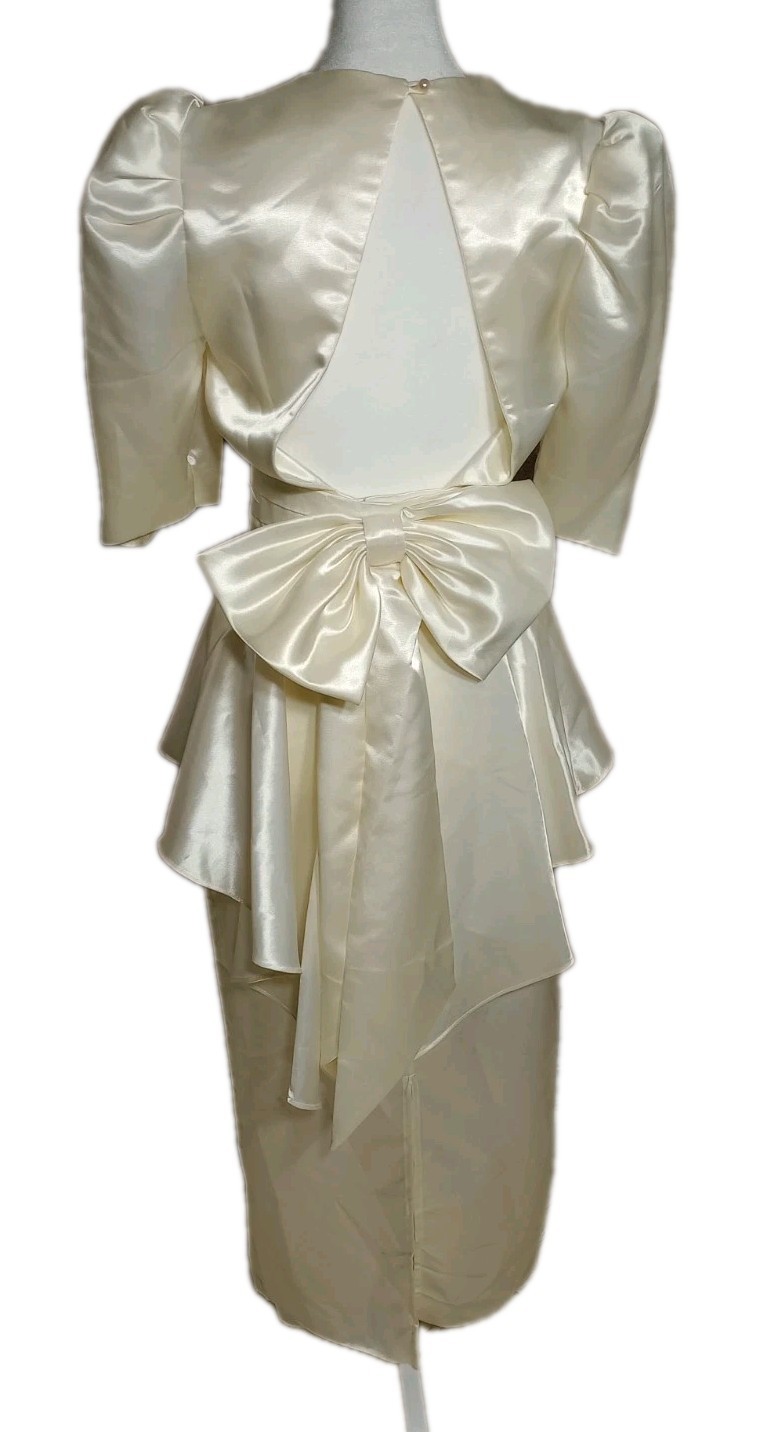 Vtg 80s Nu-Mode Satin Peplum Tea Length Wedding Dress Bow Open Back Size 5 / 6