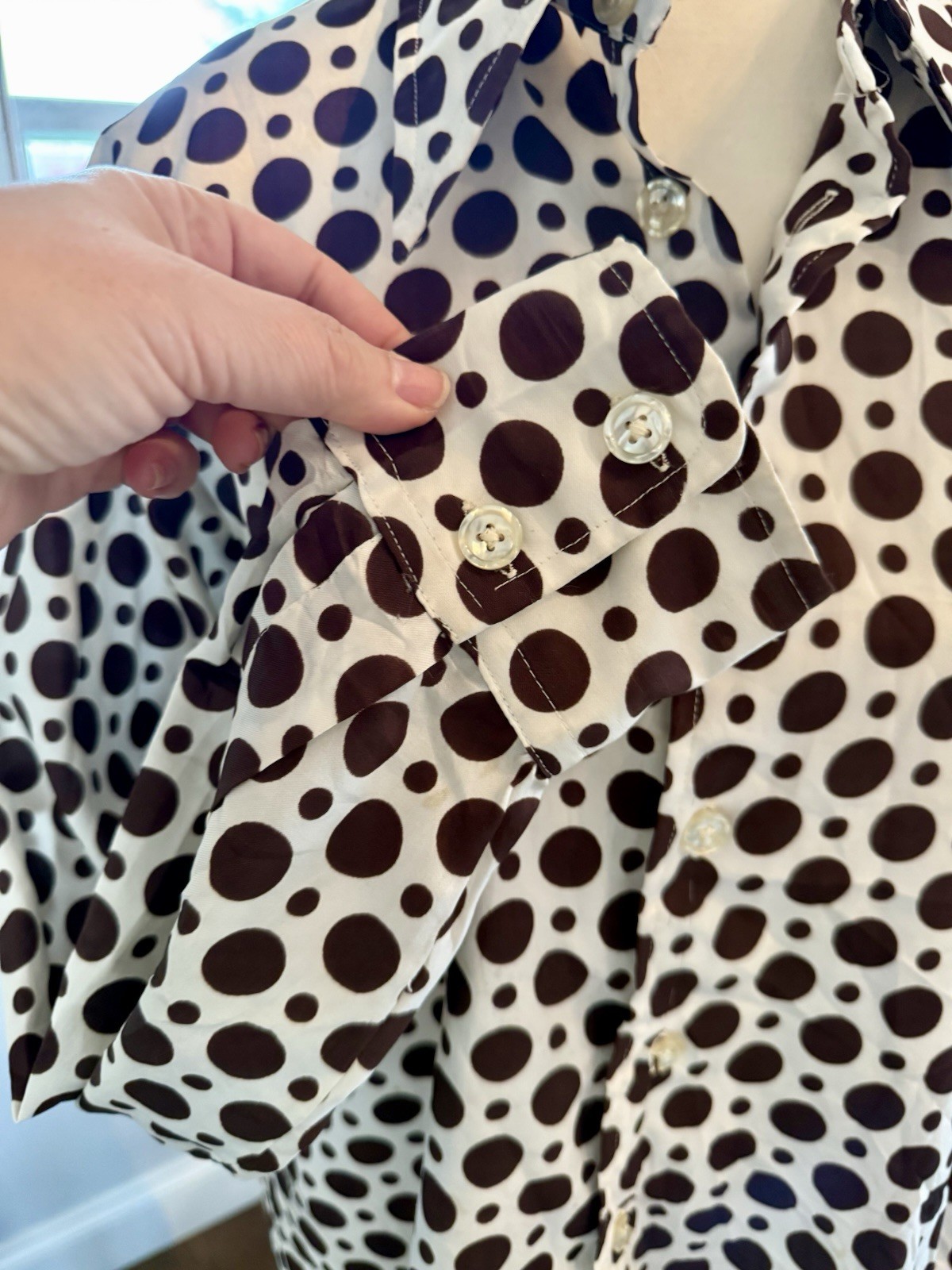 Vintage Givenchy For Chesa Brown Polka Dot Blouse W 70s Lapels Lg Broken Buttons