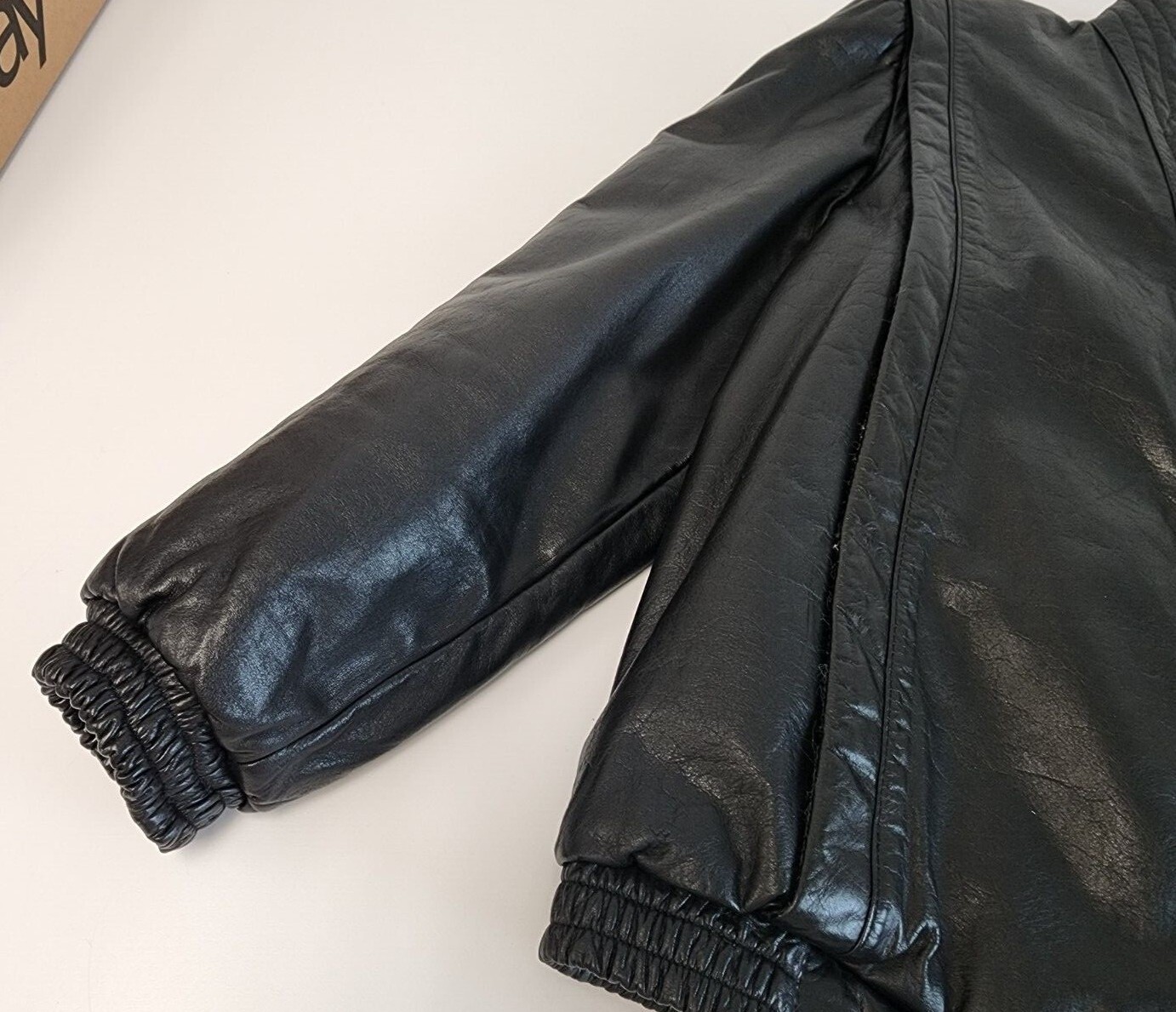 Vintage Womens Black Leather Jacket Bomber Full Zip Elastic Waist Size 13/14