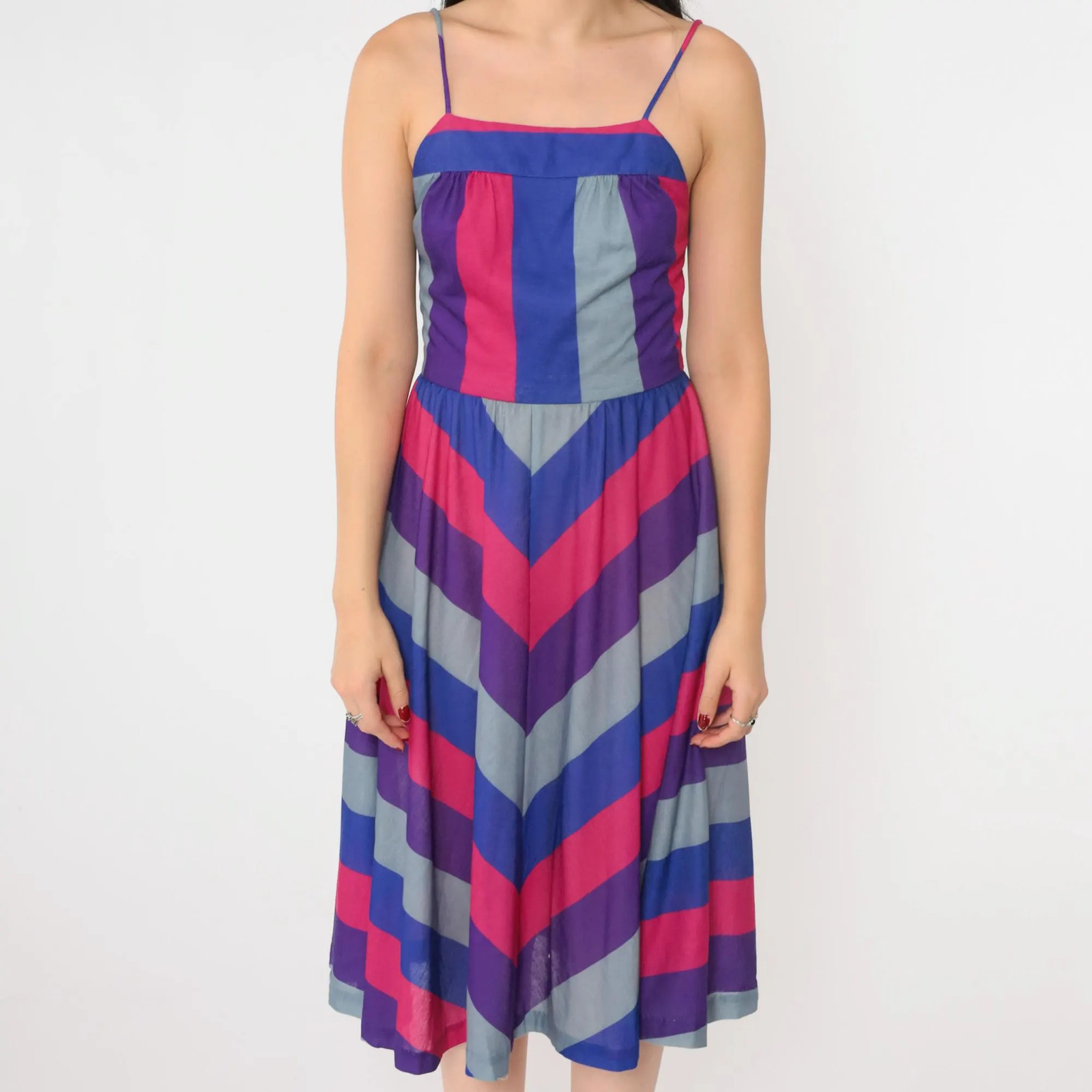 80s Sundress Chevron Striped Midi Dress Blue Pink Purple Boho Hippie 1980s Bohem