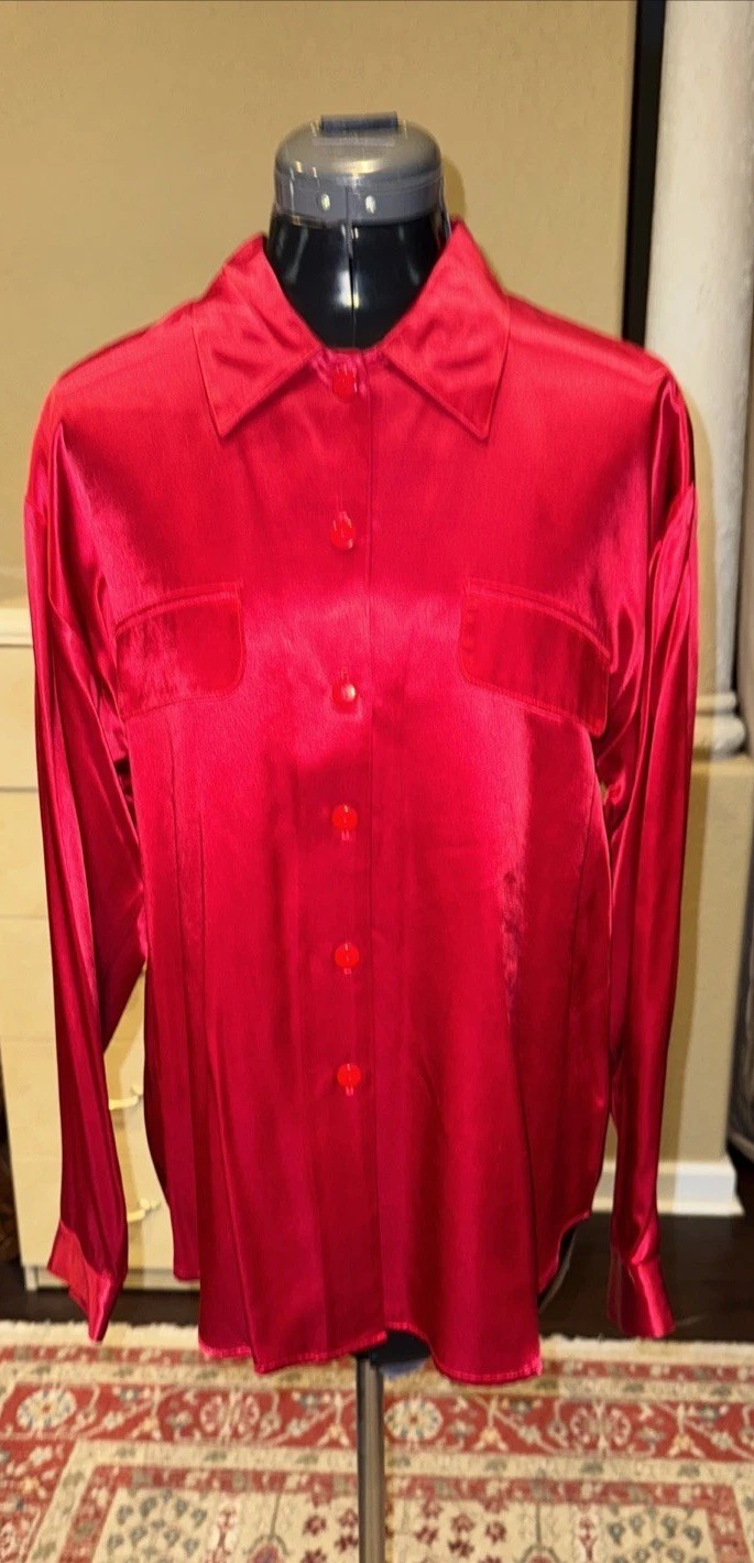 Vintage Y2K Jonathan Martin Blouse Top Button Shirt Red Satin Size M USA