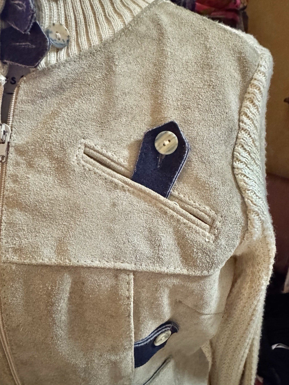 Vtg Suede Leather Acrylic Sweater Jacket Arpeja Taiwan Organically Grown Beige S