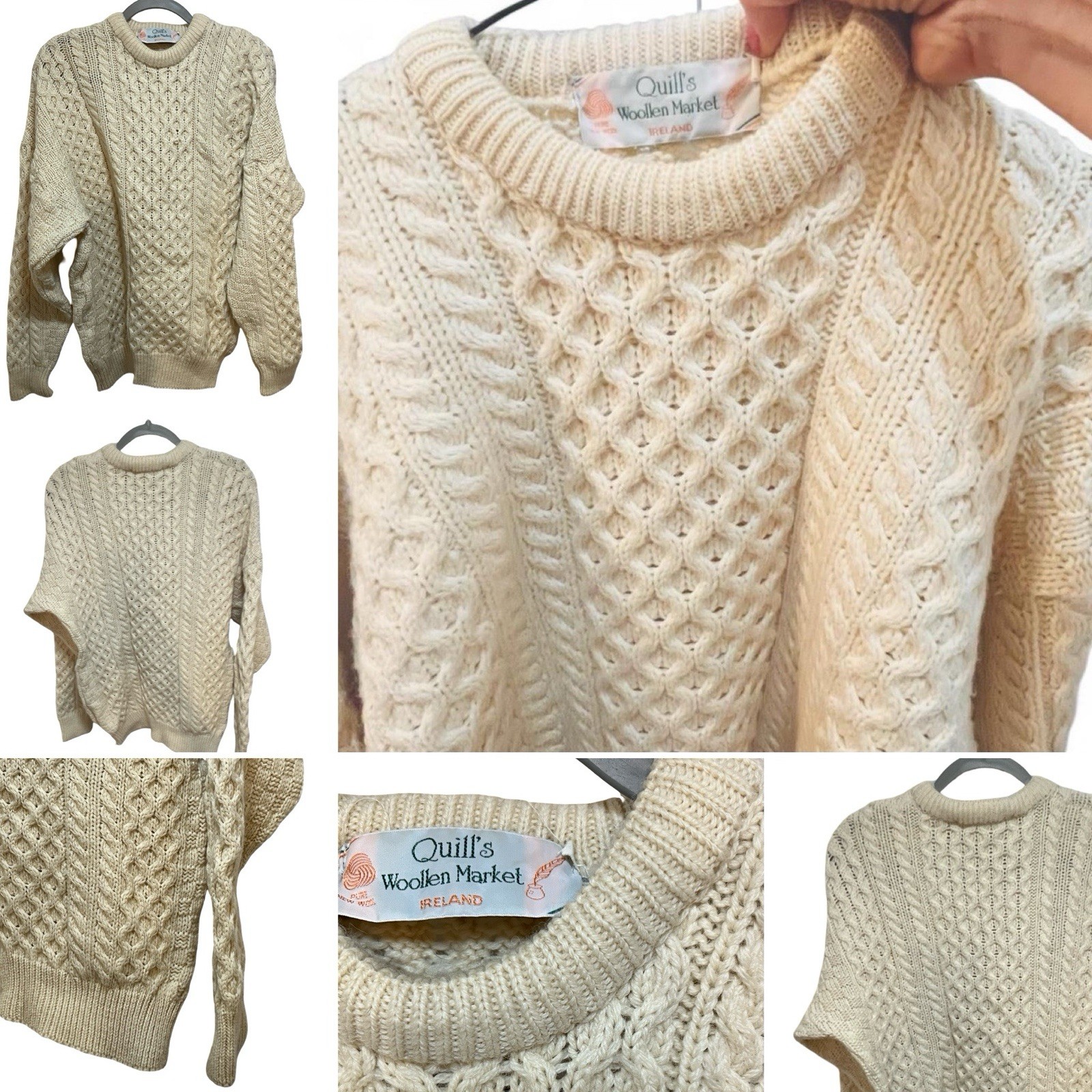 Quills Woolen Irish Fisherman Sweater Cable Knit, 100% Wool, Vintage, Ireland