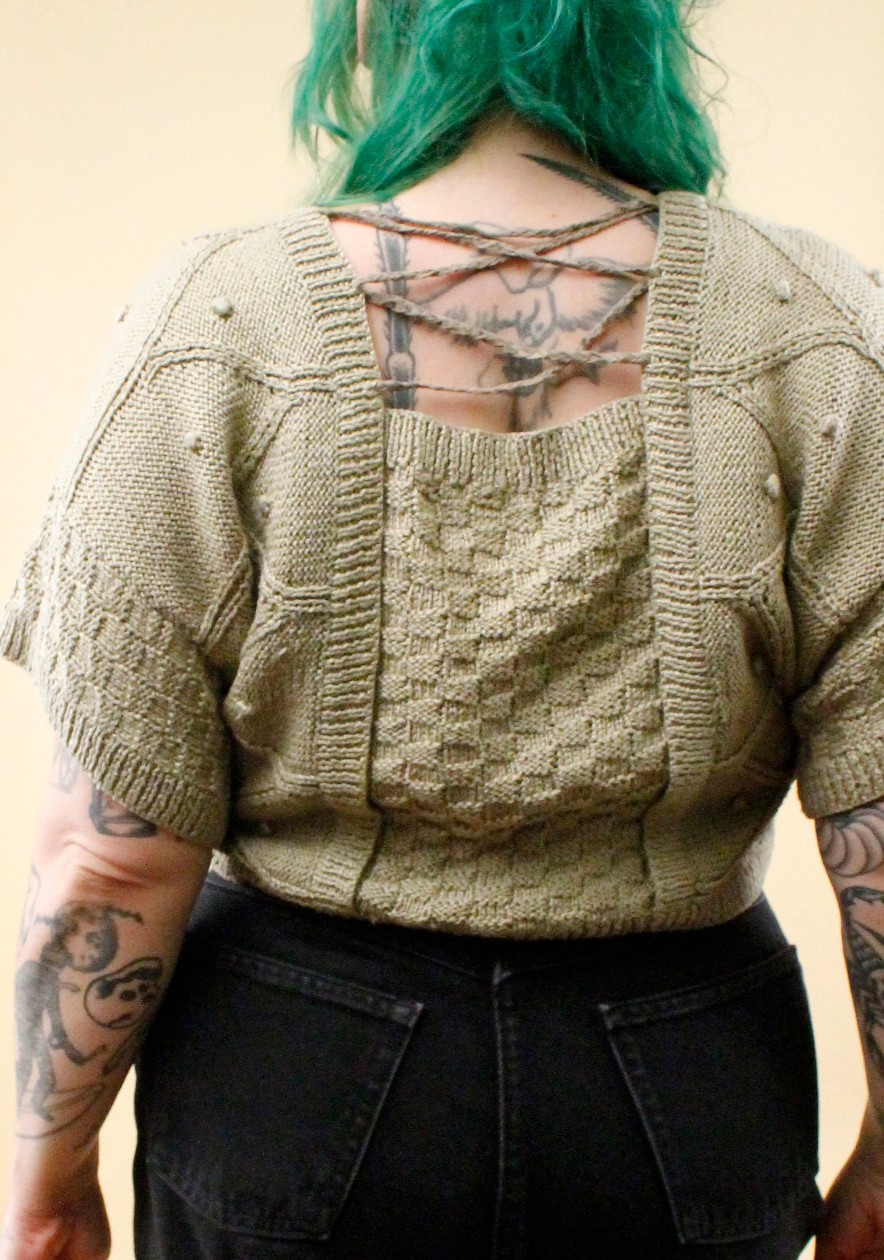 80s Vtg Jeanne Marc Olive Green Knit Cotton & Woven Leather Crop Sweater tag S-L