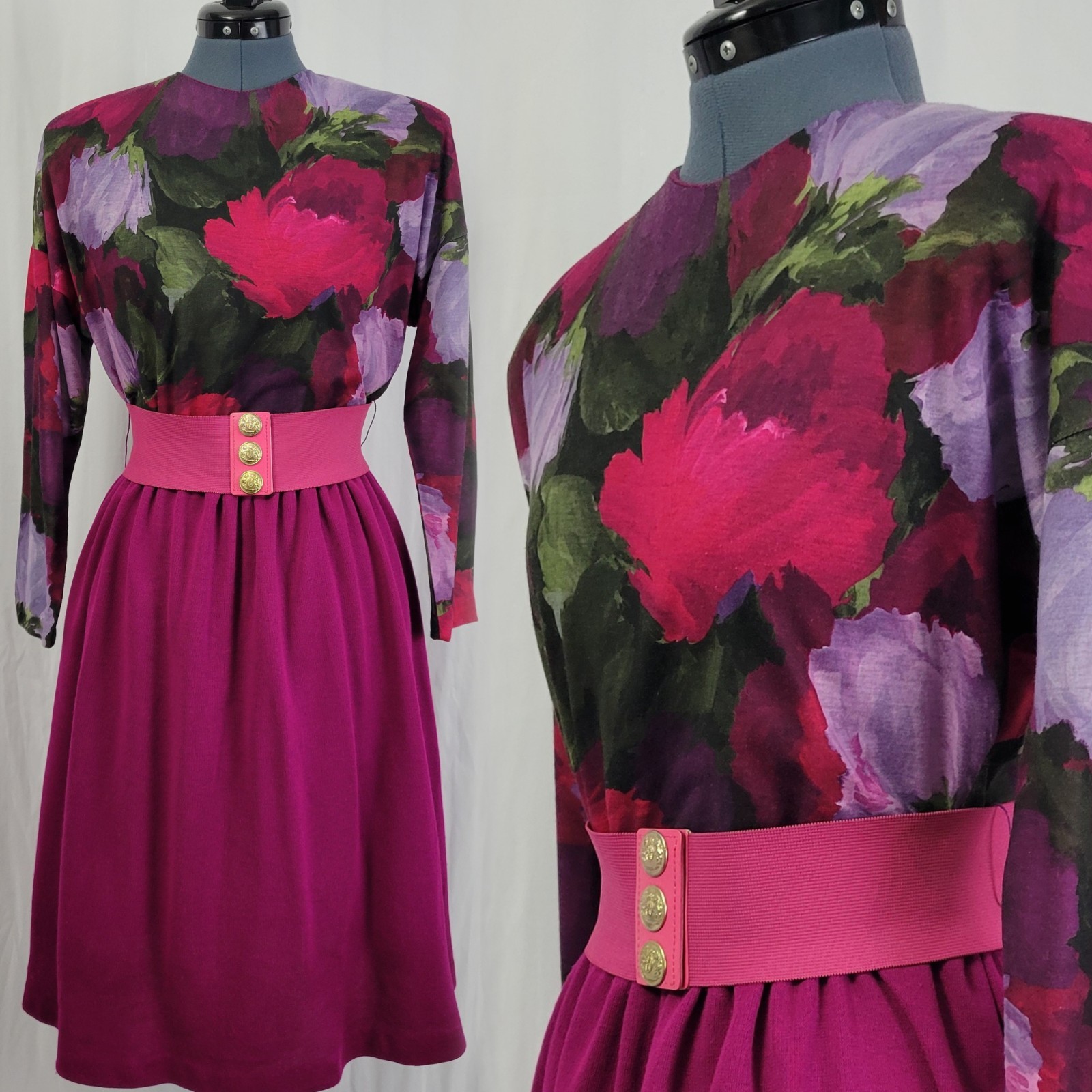 Vintage EJM Petites Pink/Purple/Green Floral Top w Magenta Skirt Size 6P