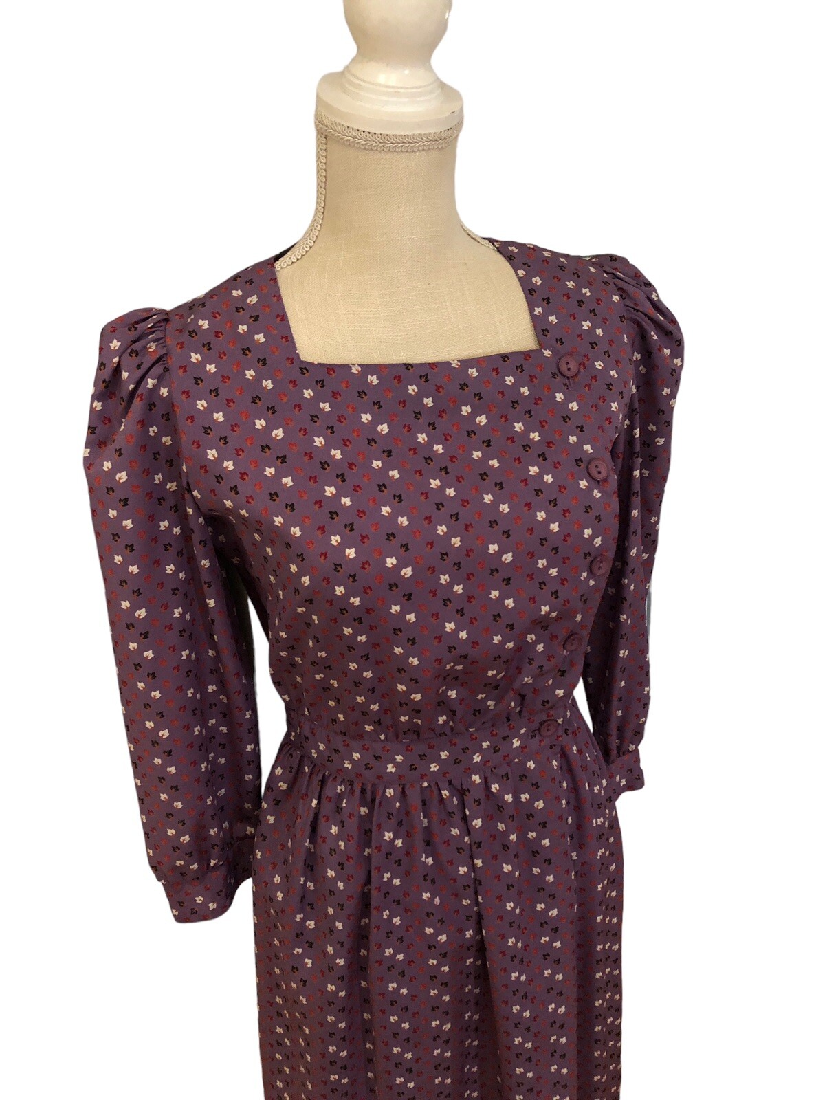 Vintage Murray Meisner Dress Plum Purple Fall Leaf Leaves Design XS Union Made