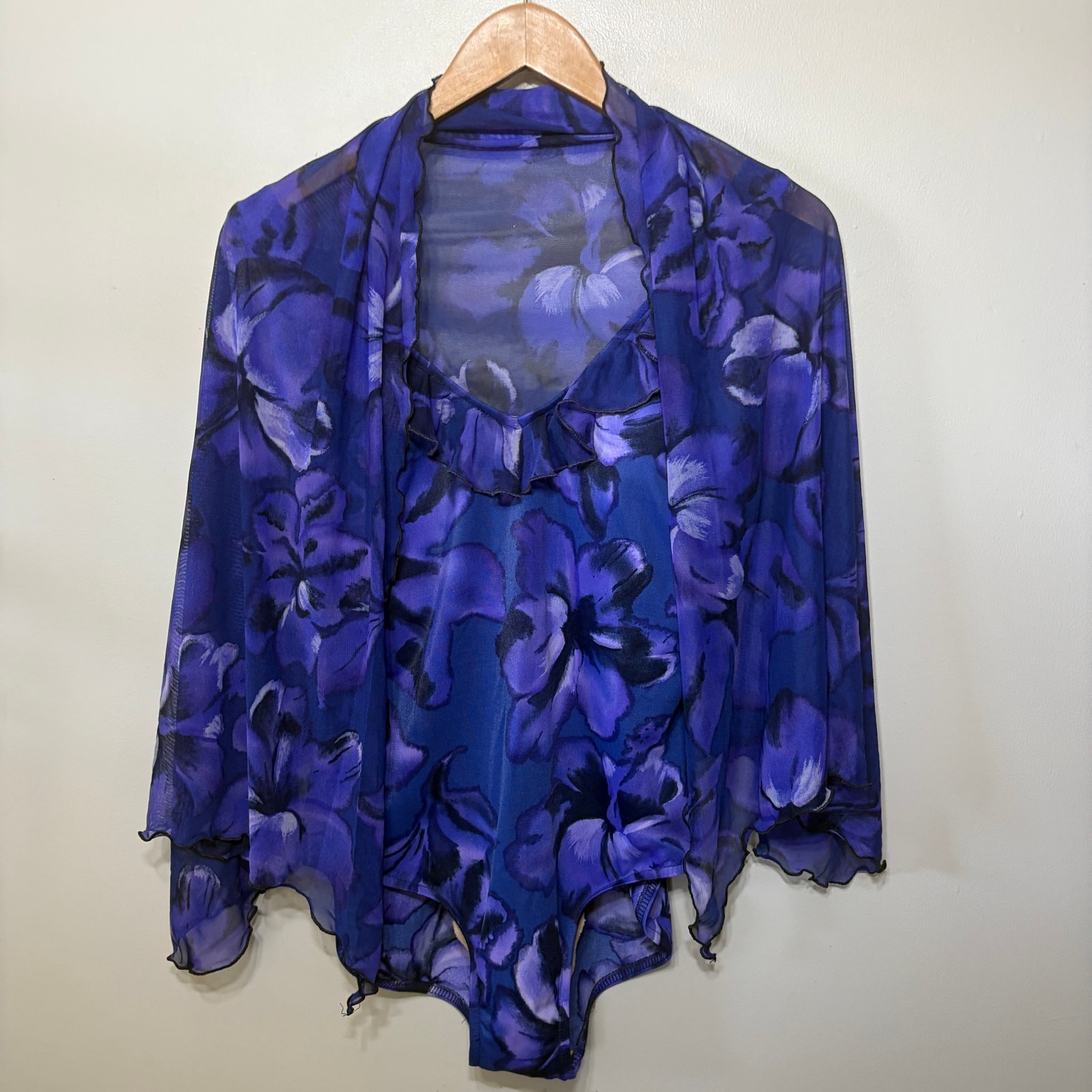 VTG Union Made Palisades Beach Club Swim Suit Cover Up Set Purple Floral Nylon M