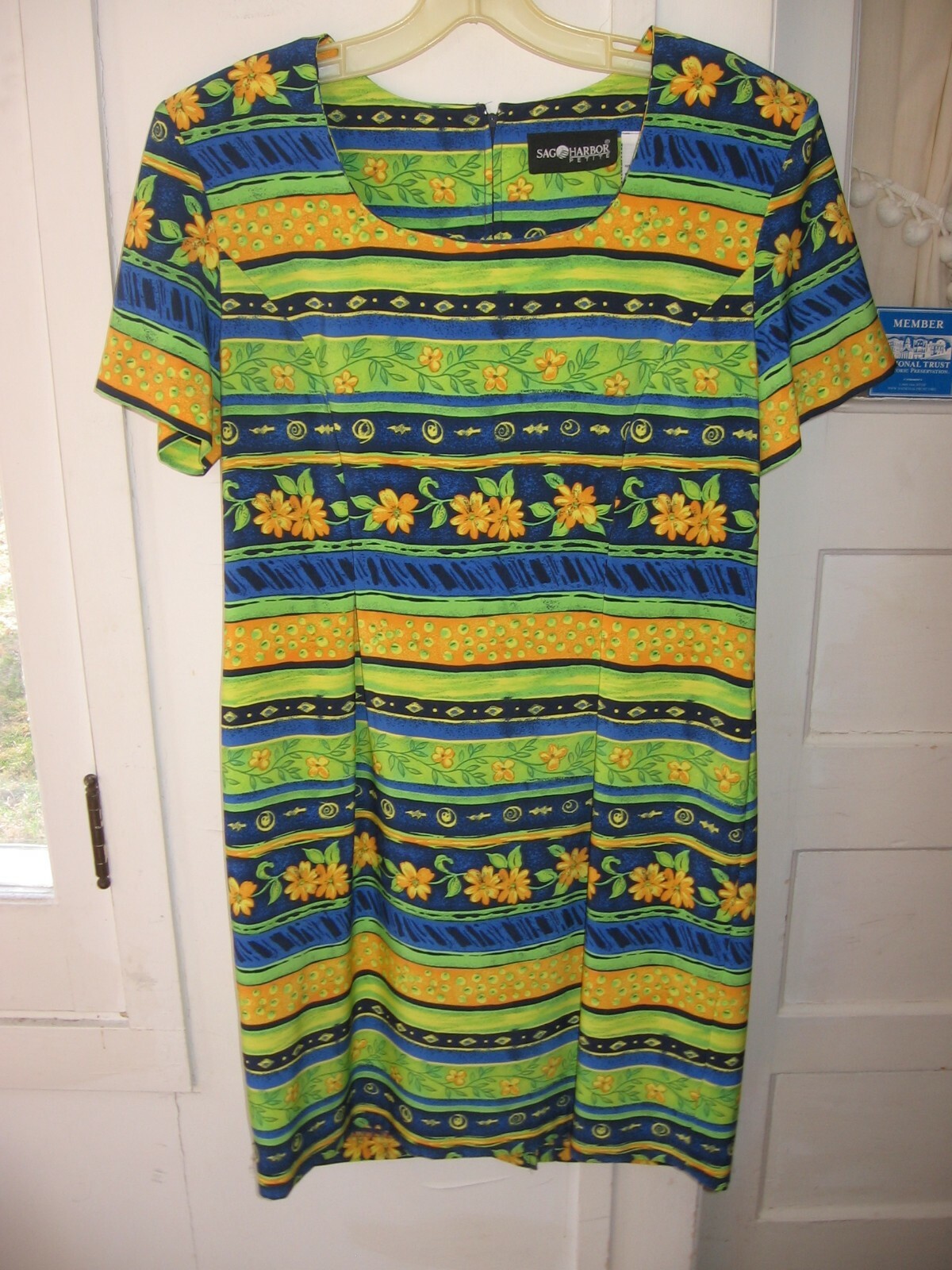 VINTAGE SAG HARBOR BLUE/YELLOW/GREEN FLORAL POLYESTER MINI DRESS – 10 PETITE