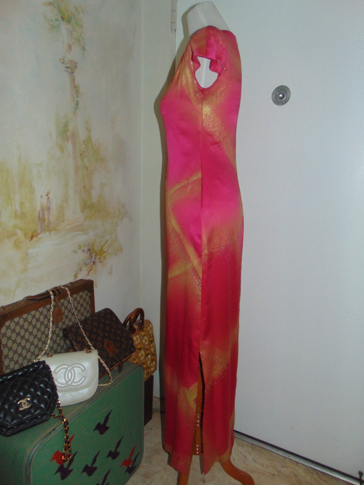William Pearson Designer Vintage Dress Cheongsam Slit Rose Pink Gold Silver sz 6