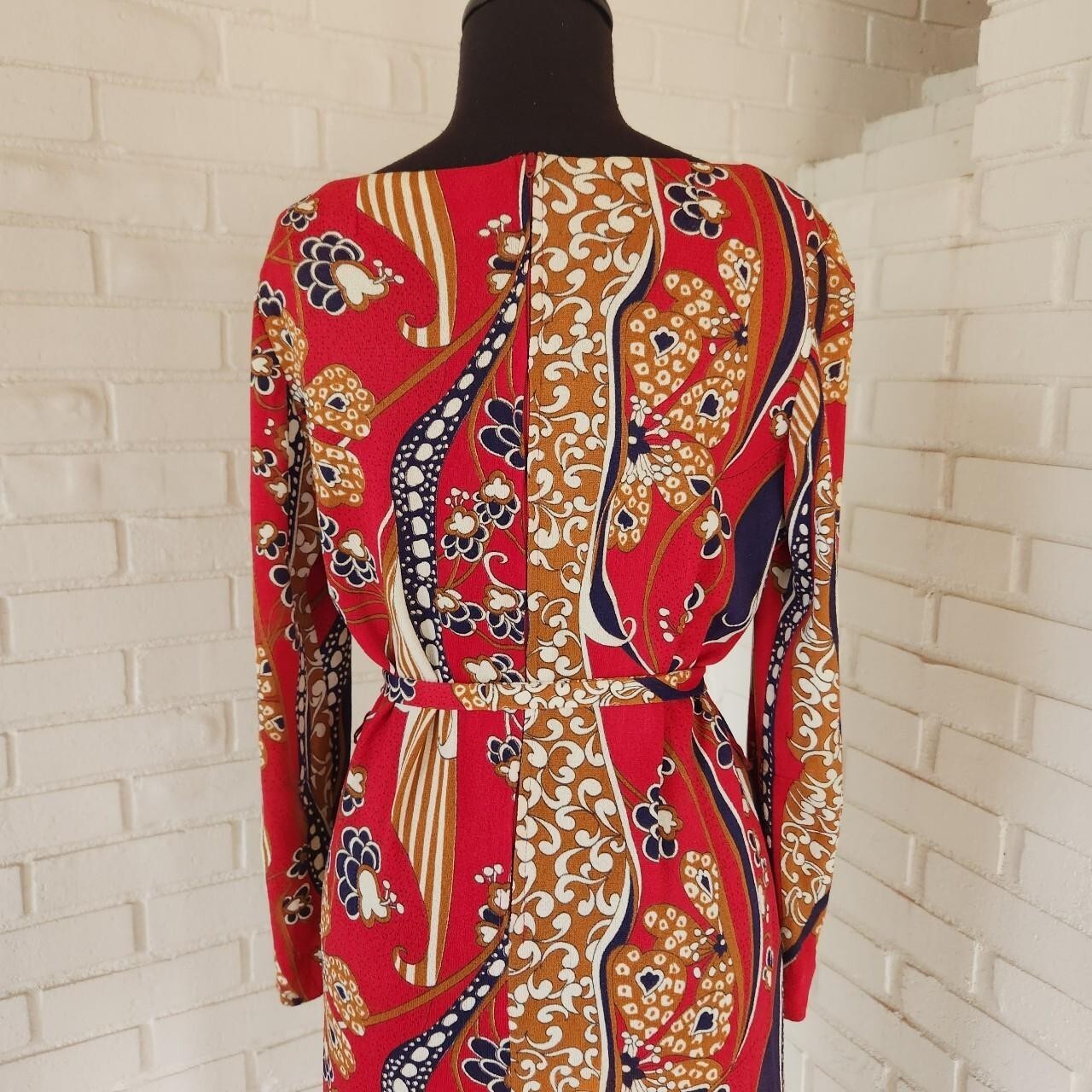 Vtg 60s 70s Dress Midi Size 14 Sacony Ciella Red Geo Floral Mod Gogo Disco