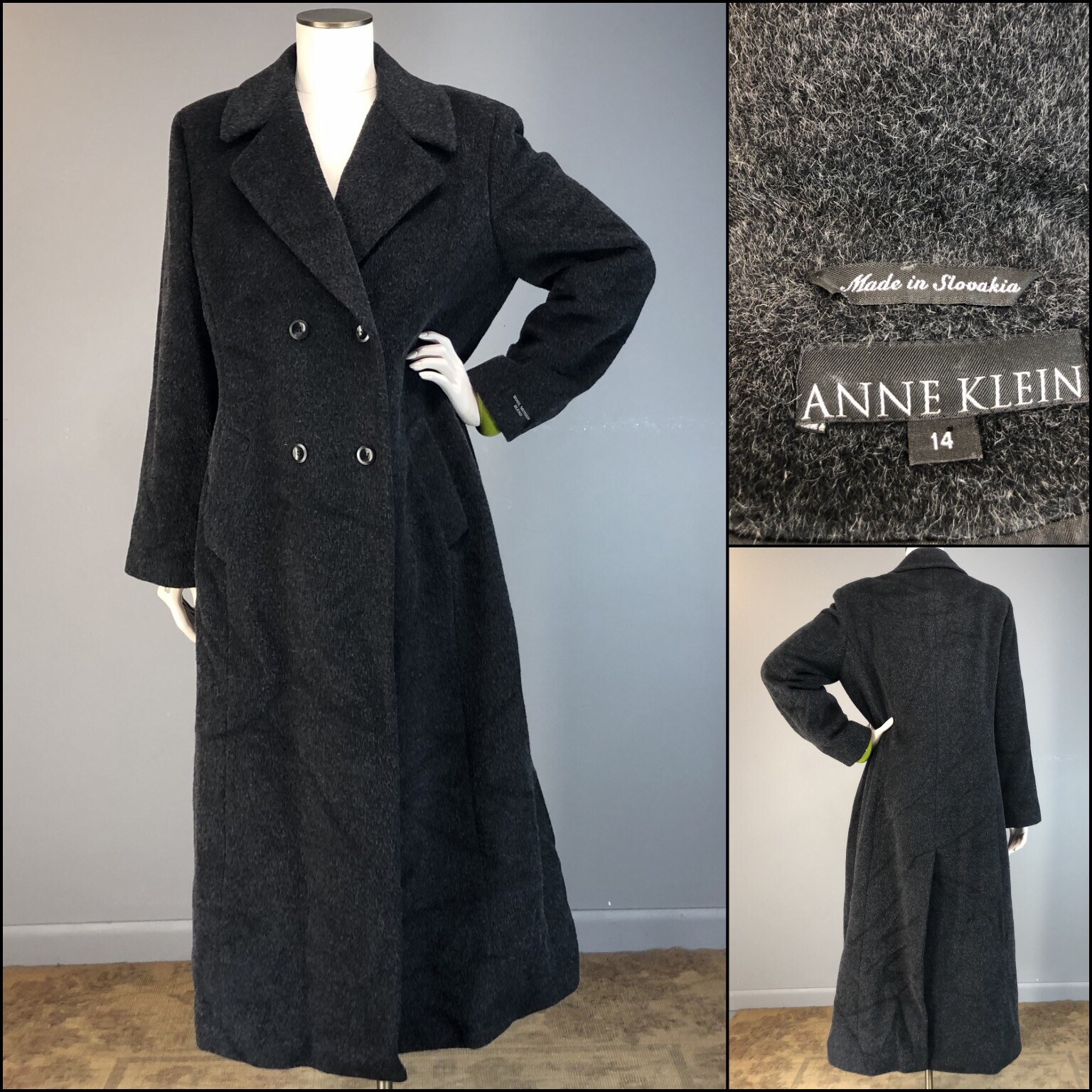 Vintage 90s Coat Wool Mohair Salt Pepper Heather Long Opera Anne Klein 14 L nwot