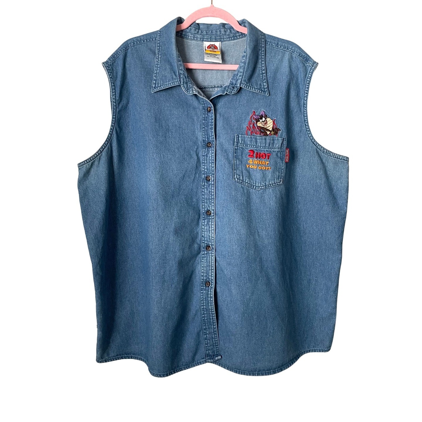 Vintage Looney Tunes Taz Denim Vest Button Down Sleeveless Plus 26/28W Blue Y2K