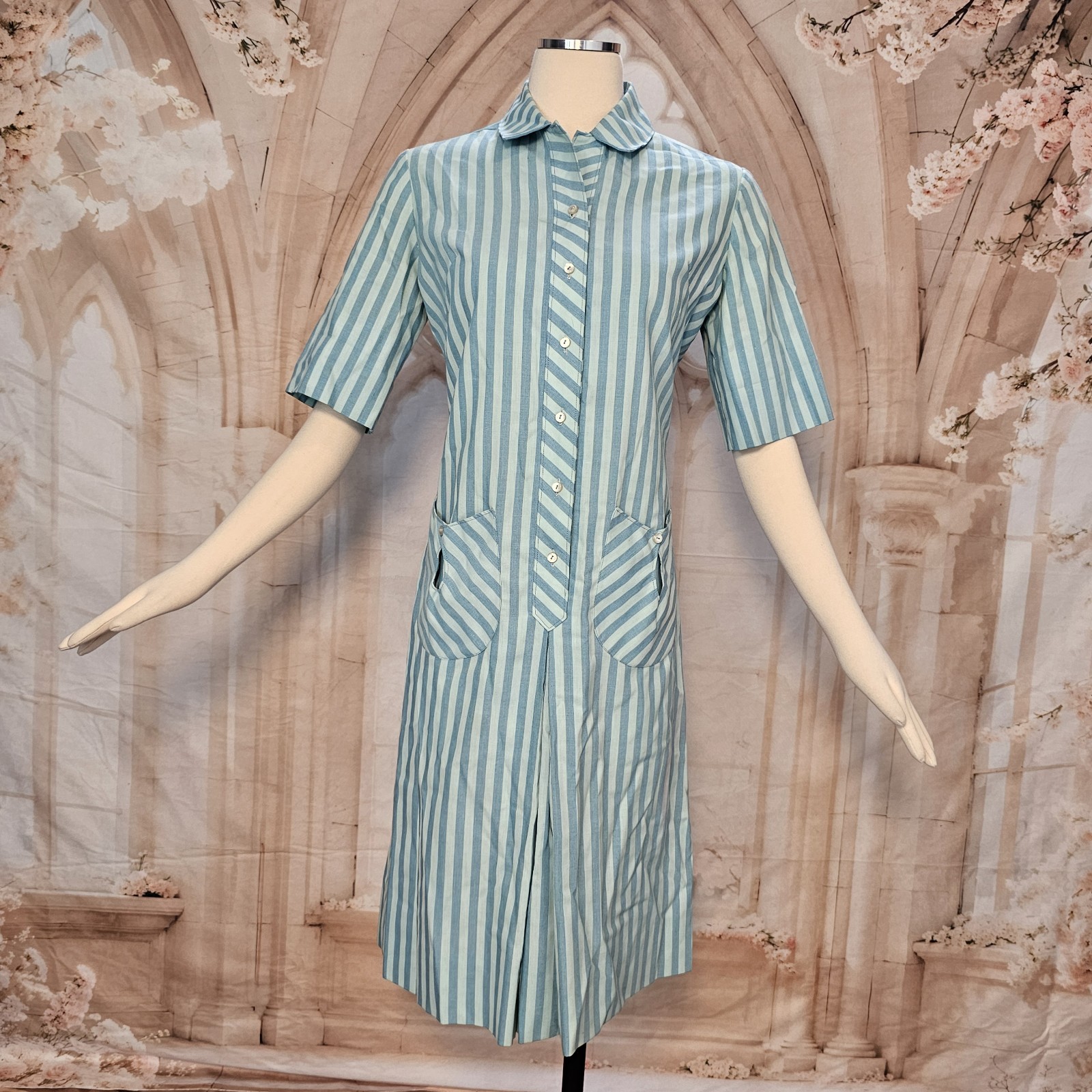 Vintage 1960’s Dress Shift Mod Blue Stripe Pockets Collar Short Sleeves Westbury