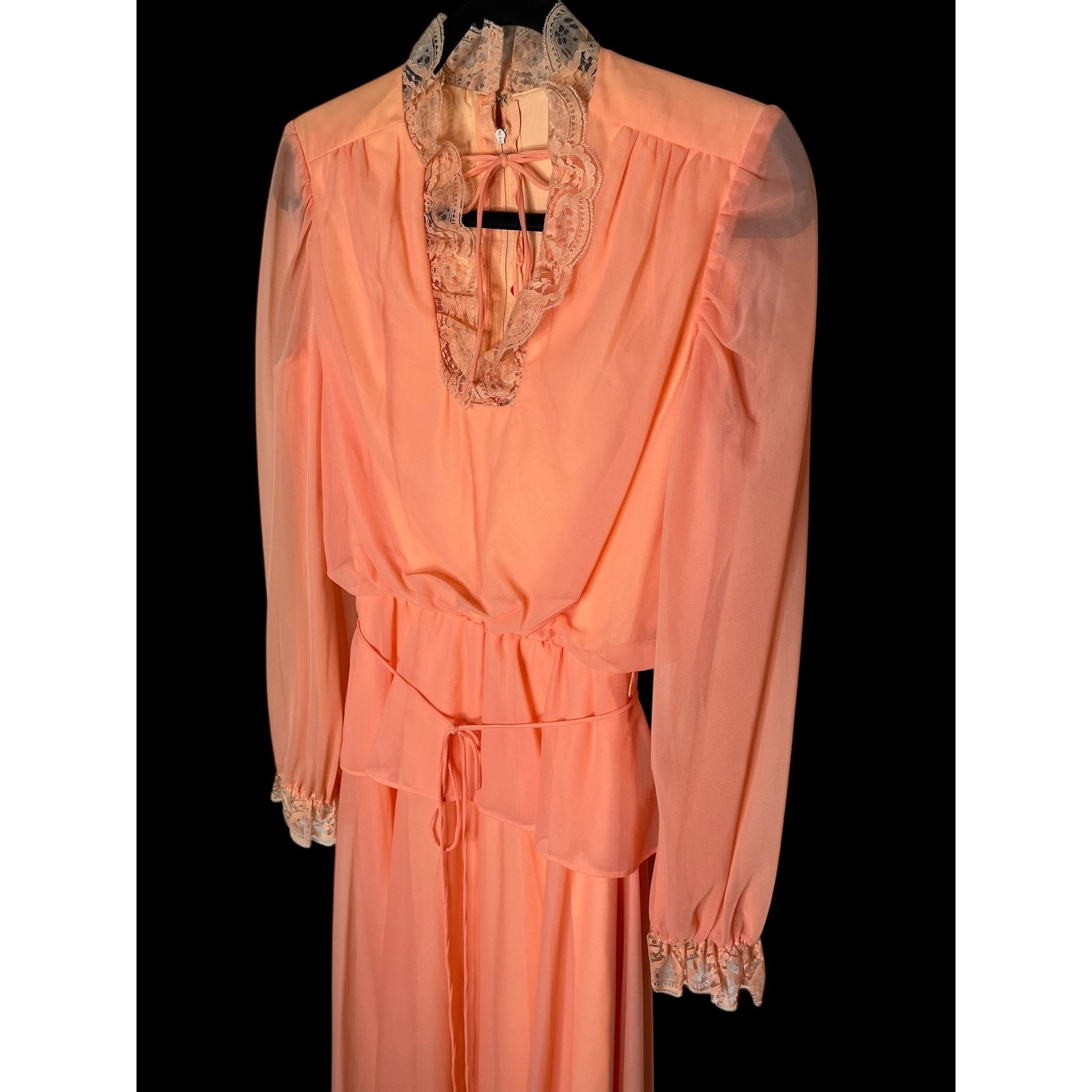 Vintage 70s Peachy Orange Lace Victorian Inspired Maxi Dress Sheer Long Sleeve