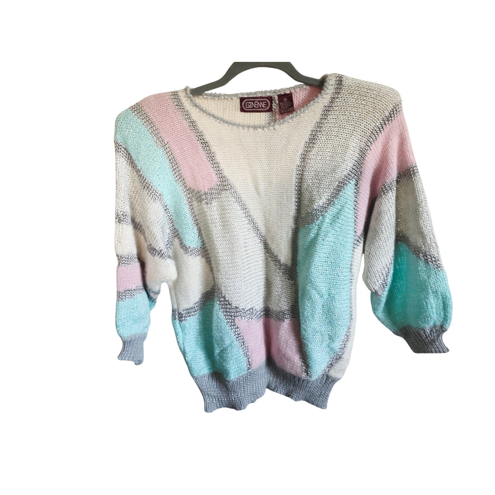 Vintage Ginenne M 80s Colorblock Sweater Pink Aqua Silver Metallic Wool Acrylic