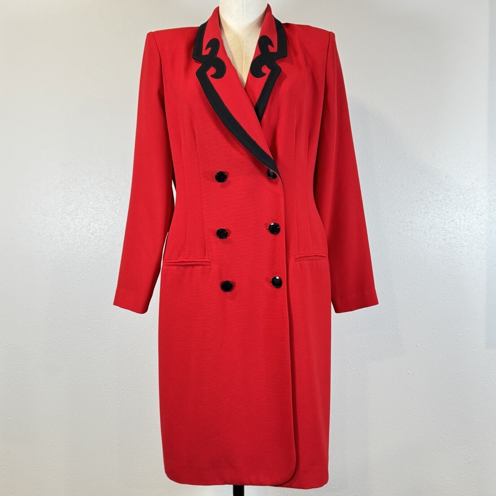 Vintage Danny Nicole Double Breasted Dress Coat Womens Sz 8 Red Padded Shoulders