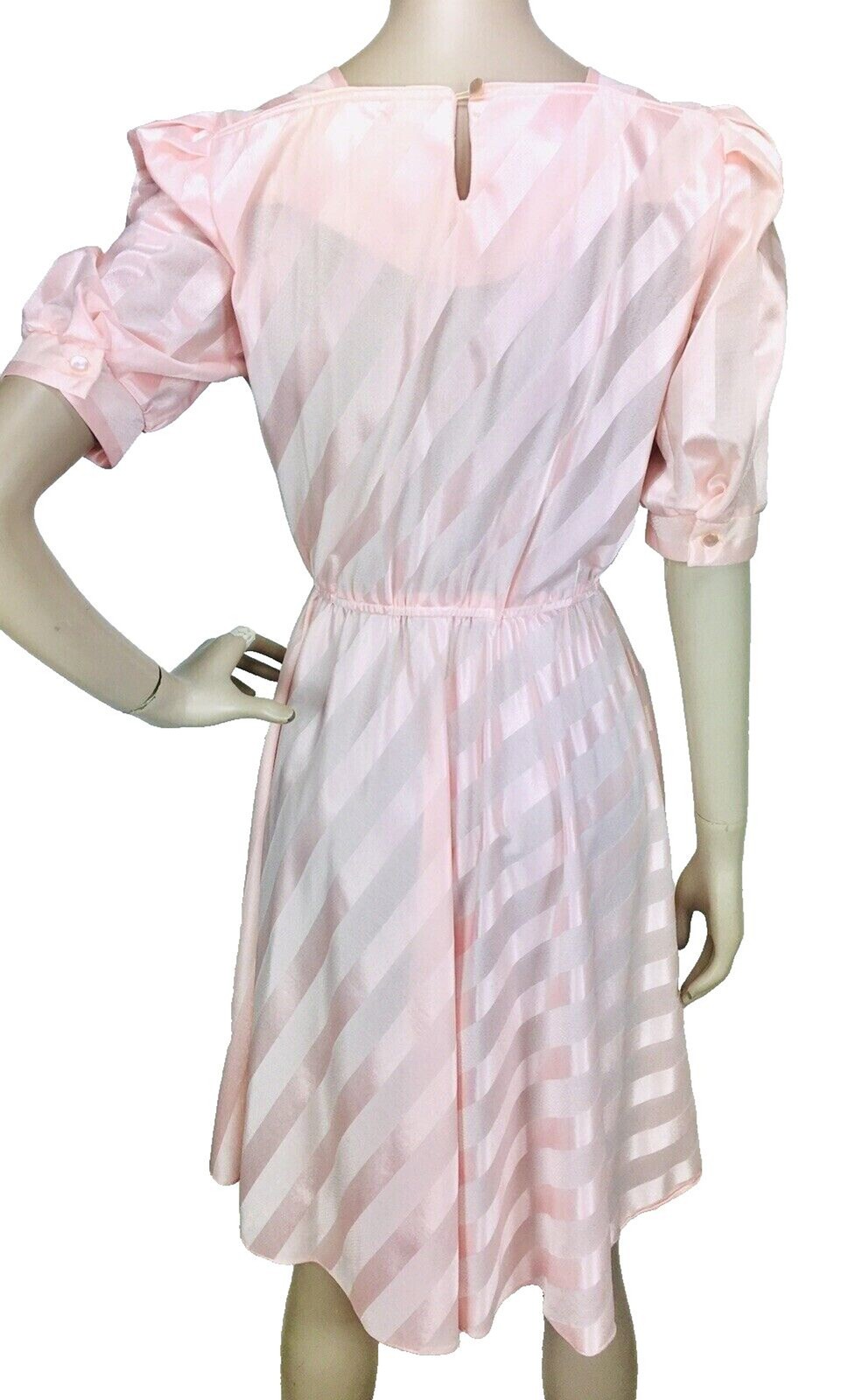 Vintage 80s Does 50s Jenny Petites Pink Candy Striped Puff Sleeve Dress XS/S/M