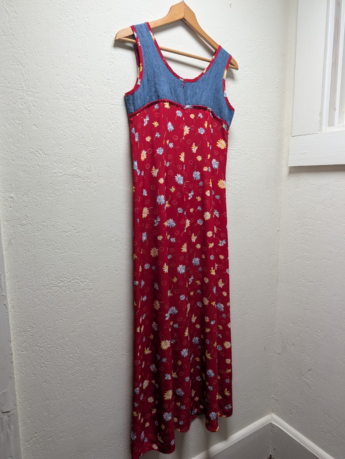 Women’s Vintage 90s Mixed Media Maxi Dress Red Floral Denim Sz 8 Grunge Western