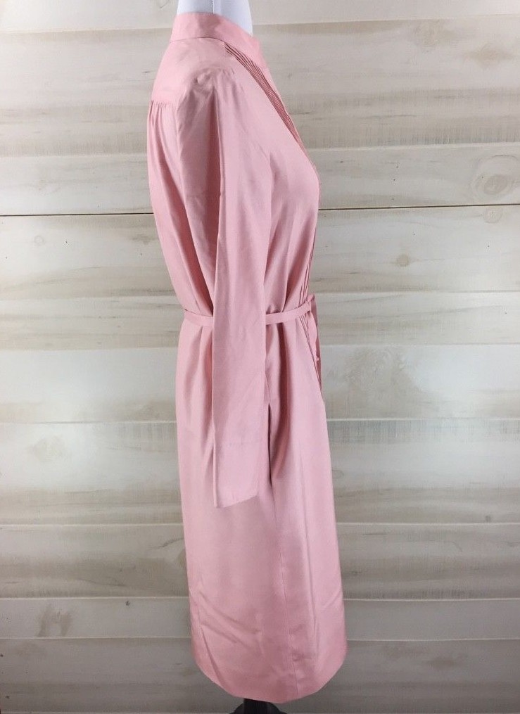Vintage 70s 100% silk pink pin tuck belted tunic dress pockets mandarin collar M