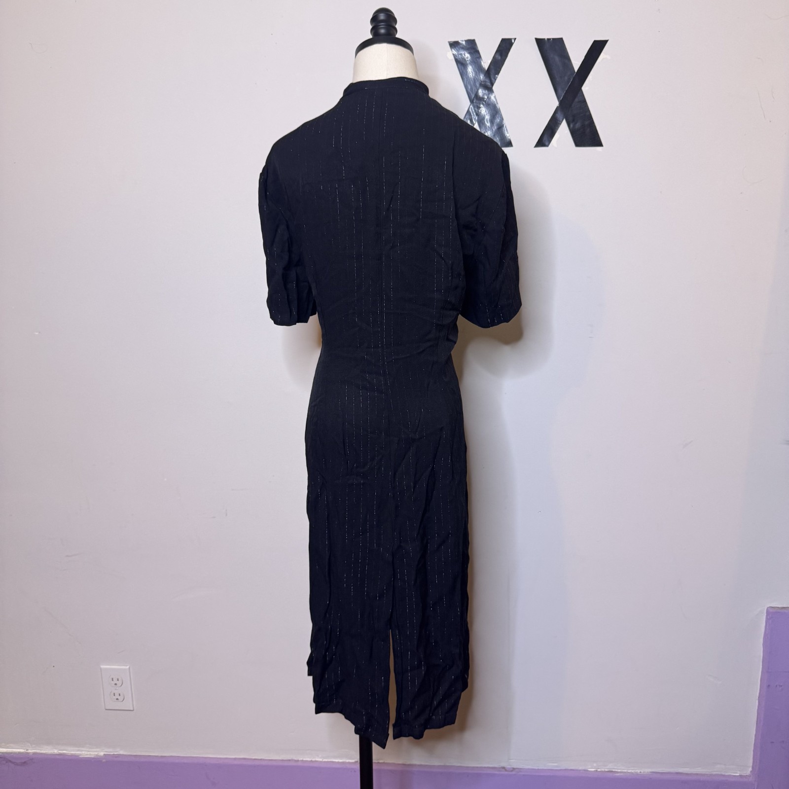 Vintage 80s 90s Black Pinstripe Mandarin Collar Frog Clasp Jacket Dress 18