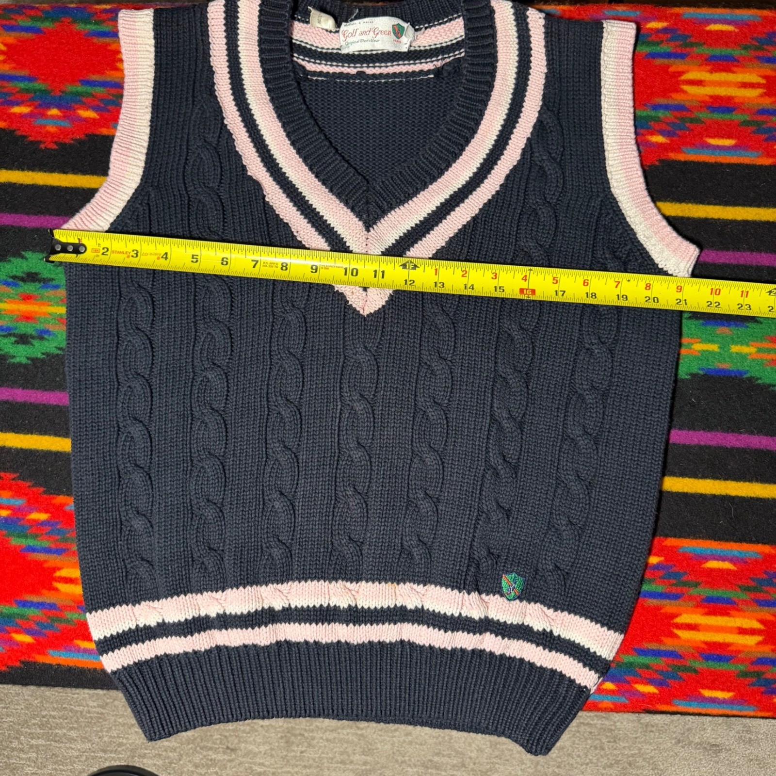 Vintage 80s Golf and Green Paris Sweater Vest Black Pink Cotton Cable Knit Large