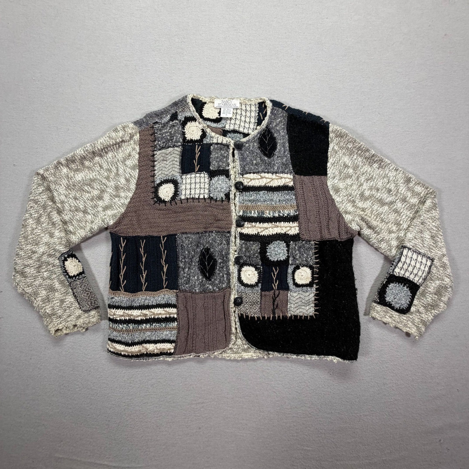 Sandy Starkman Women Cardigan Relaxed Grey Patchwork Embroidered Vintage Large